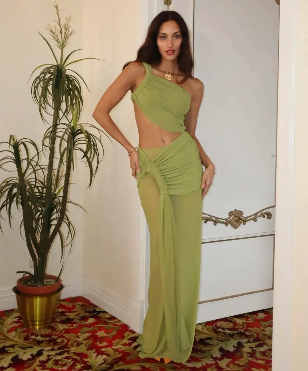 Deconduarte Paradiso Mesh Maxi Dress in Wasabi Size AU 6 for rent on The Volte - main image