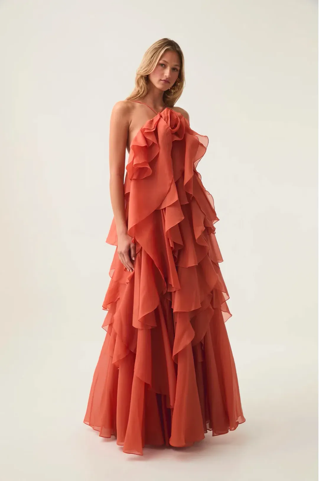 Aje Pandorea Layered Maxi Dress in Coral Clay Size AU 6 for rent on The Volte - main image