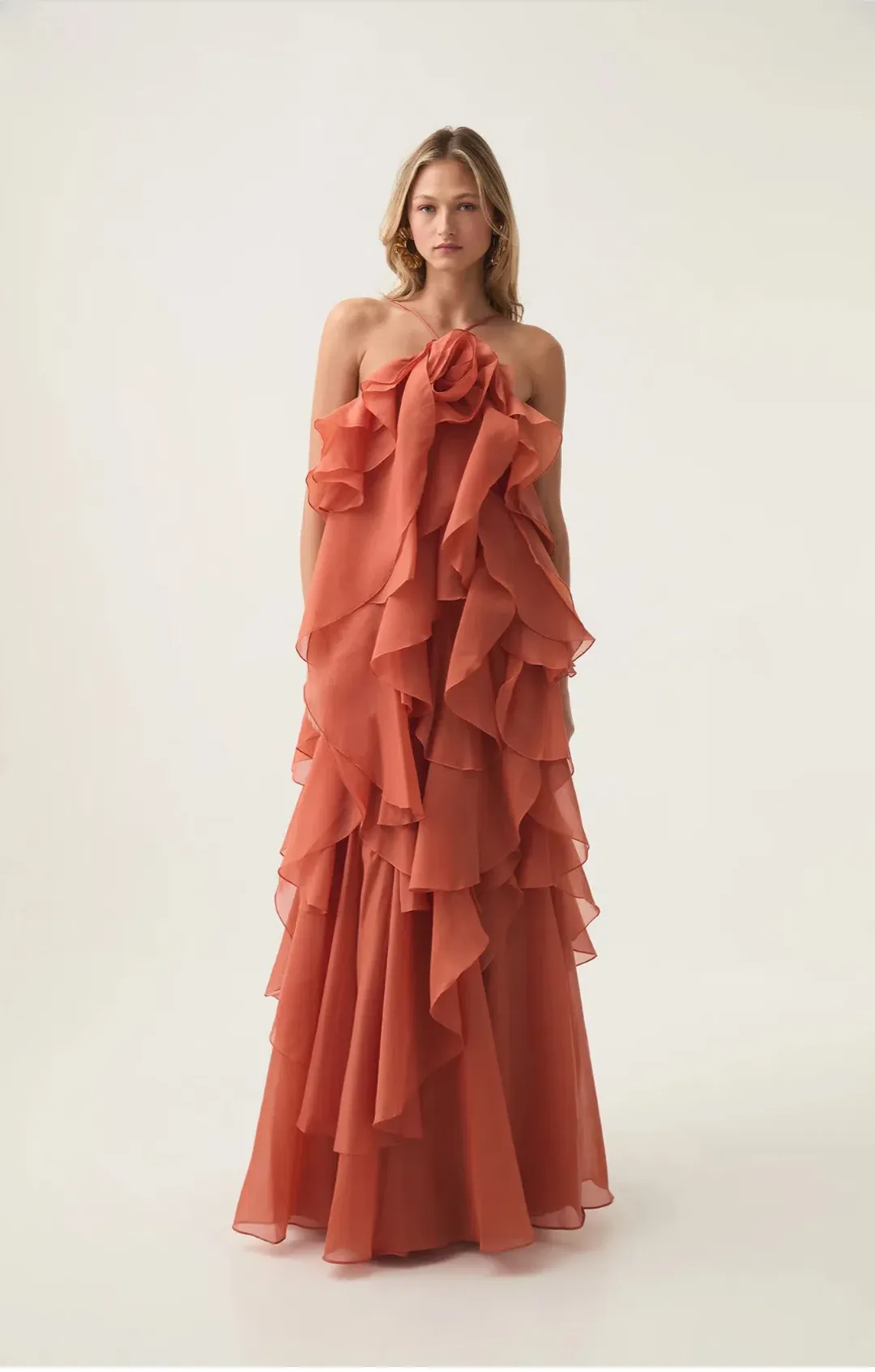 Aje Pandorea Layered Maxi Dress in Coral Clay Size AU 6 for rent on The Volte - main image