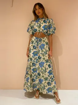 Sir the Label Celia Puff Sleeve Midi Dress in Blue Floral Alexandre Print Size 0 (AU 6) for rent on The Volte - image 1