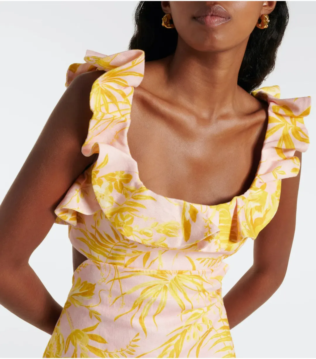Zimmermann Golden Ruffle Mini Dress in Pink/Gold Floral Size 0 / AU 8 for rent on The Volte - main image
