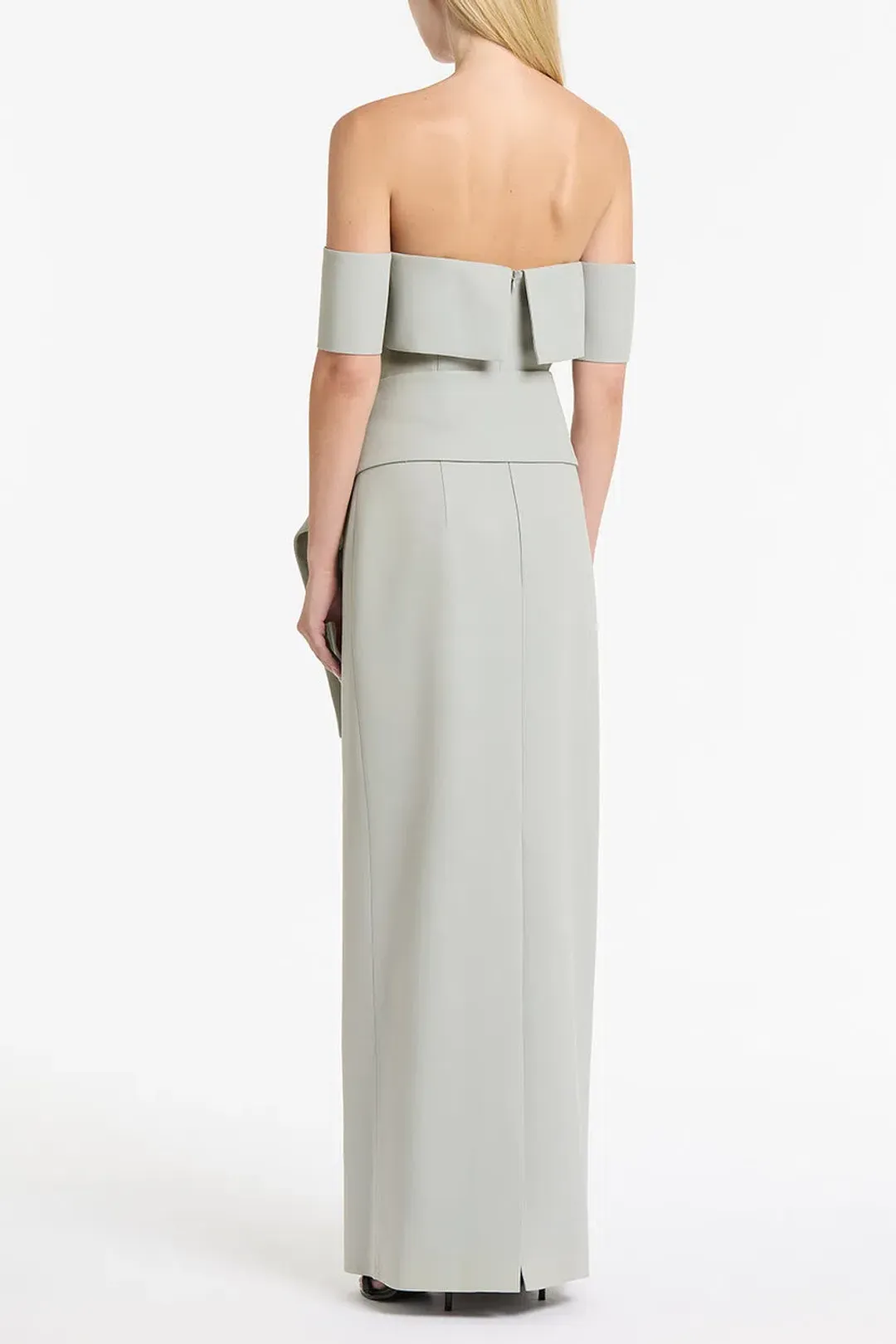 Carla Zampatti Silver Crepe La Banda Off Shoulder Gown Size 6 for rent on The Volte - main image