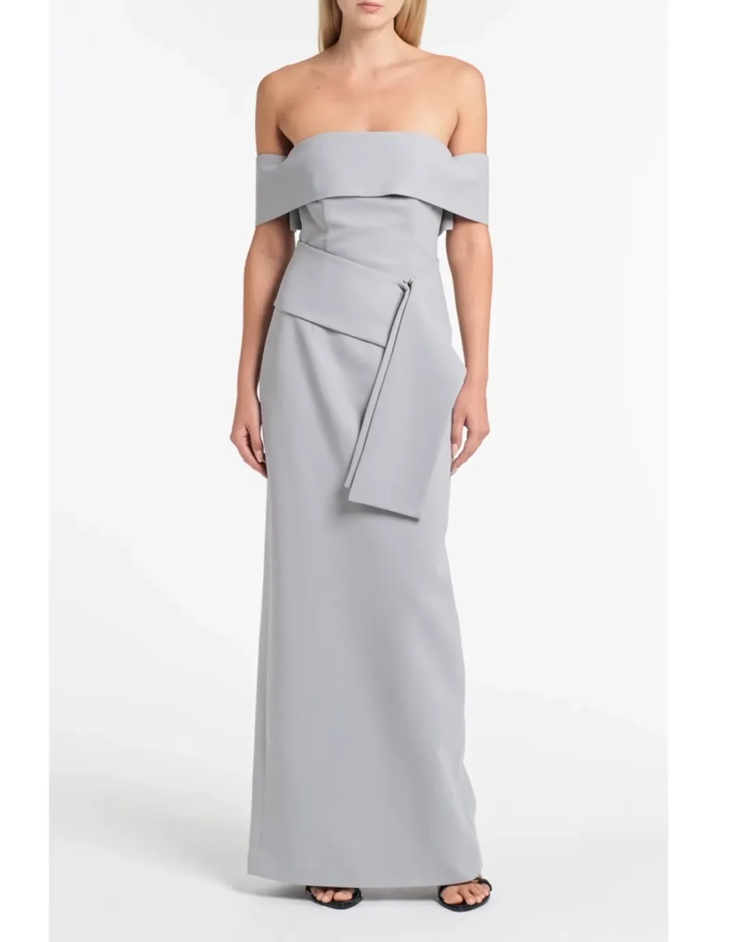 Carla Zampatti Silver Crepe La Banda Off Shoulder Gown Size 6 for rent on The Volte - main image