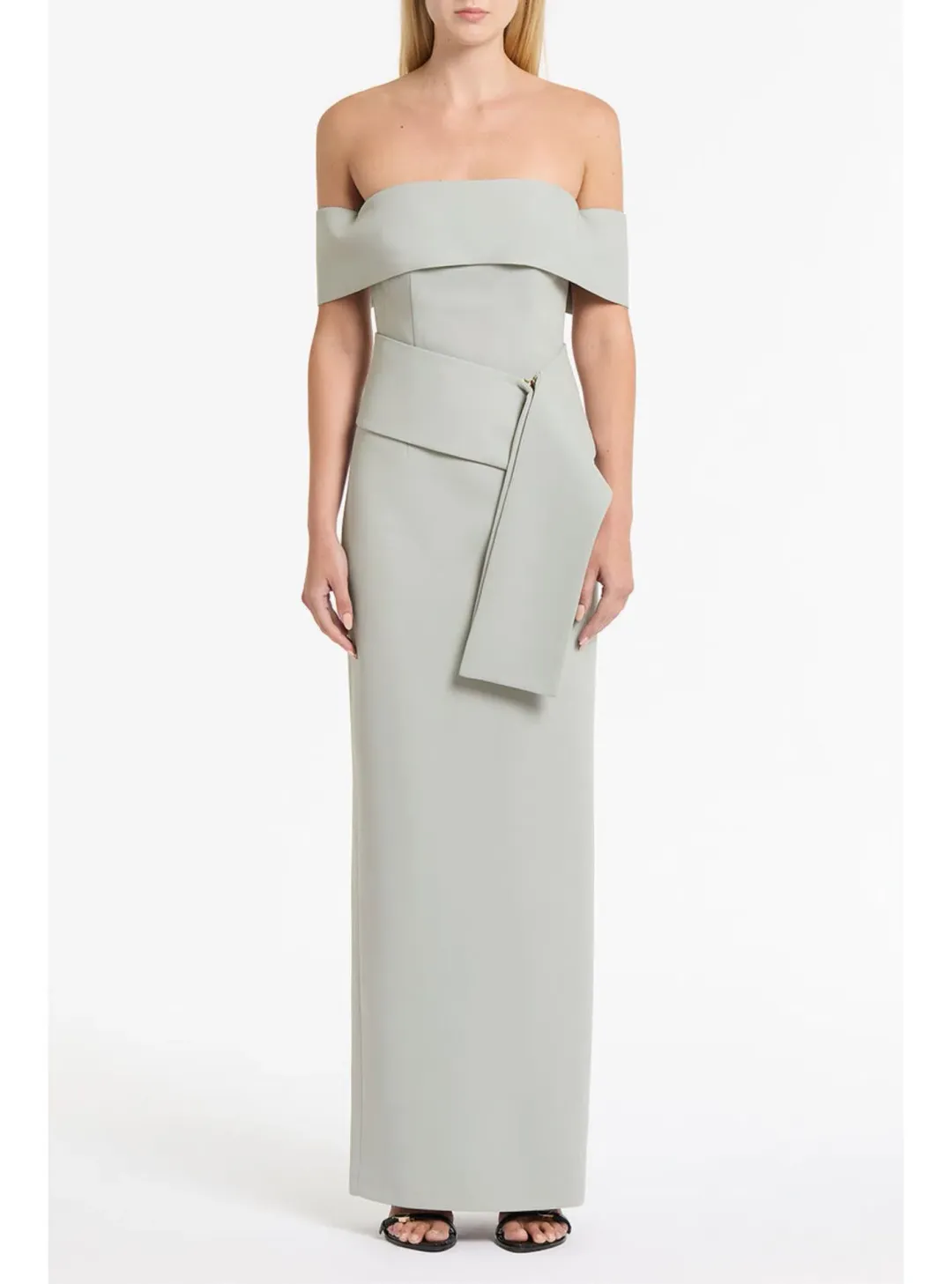 Carla Zampatti Silver Crepe La Banda Off Shoulder Gown Size 6 for rent on The Volte - main image