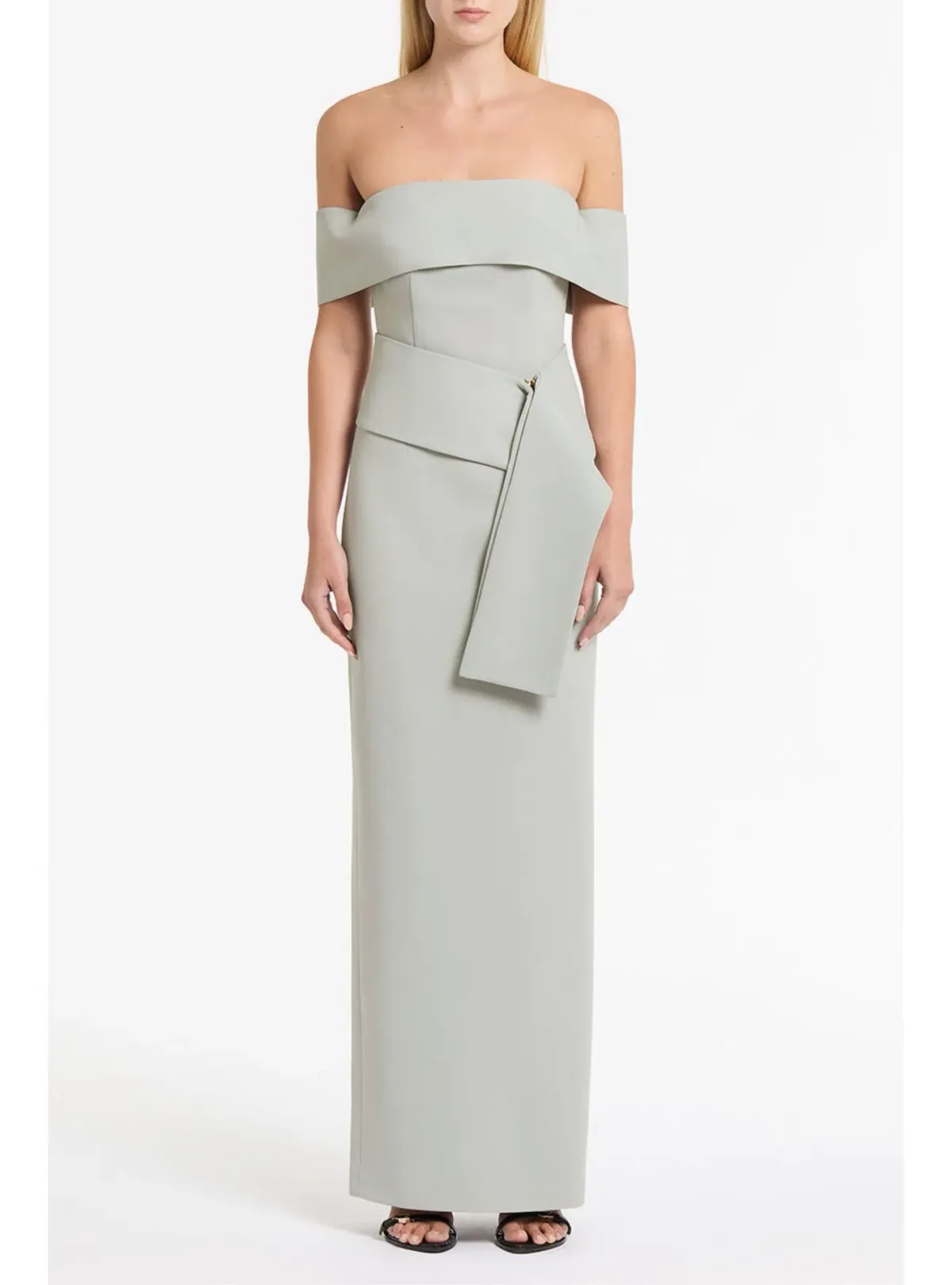 Carla Zampatti Silver Crepe La Banda Off Shoulder Gown Size 6 for rent on The Volte - main image
