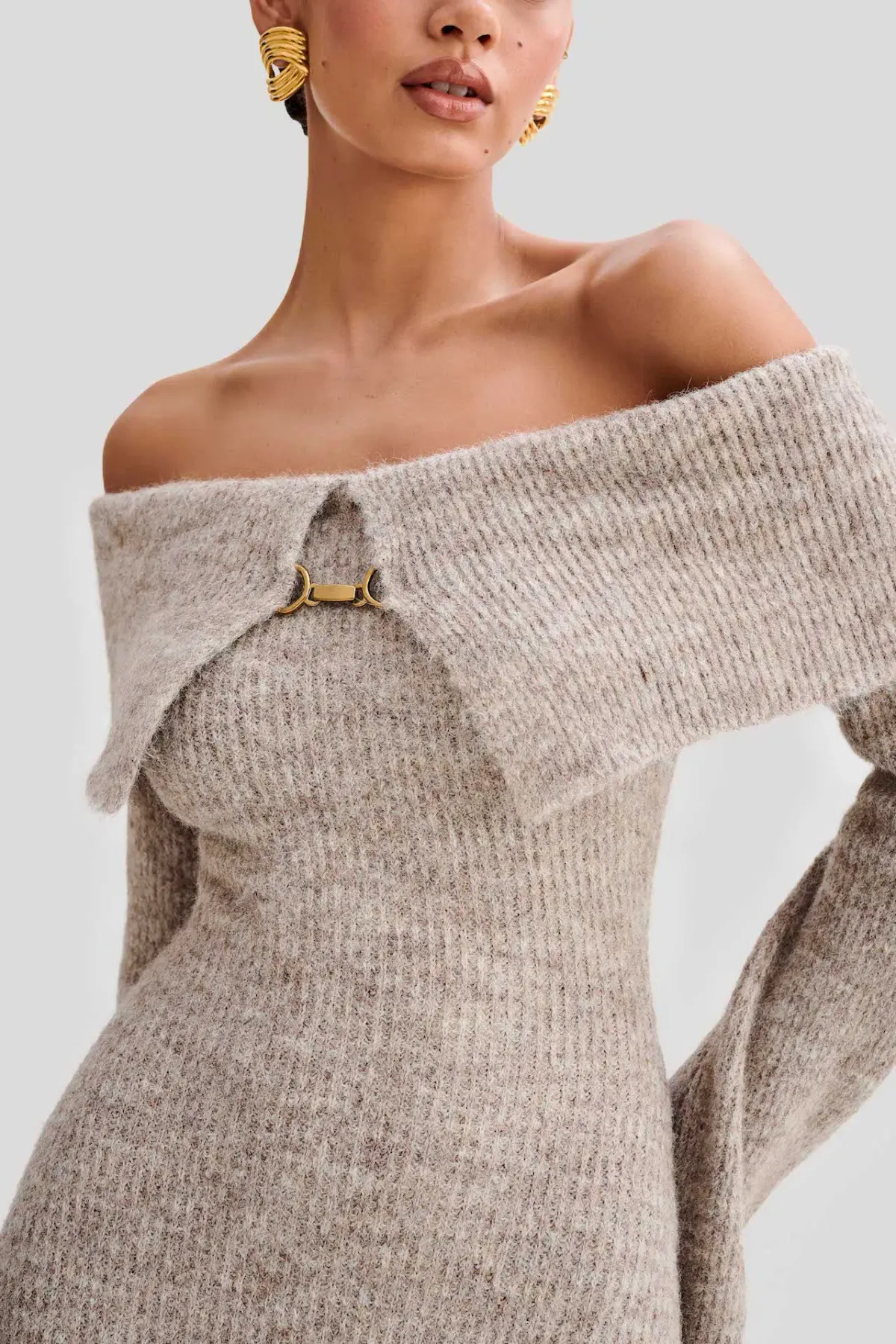 Meshki Baxter Off Shoulder Fluffy Knit Midi Dress Taupe Marle Size L / AU 12 - Image 2