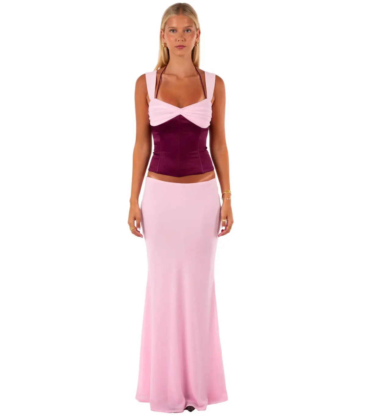 I am Delilah Scarlett Corset and Maxi Skirt Set in Berry Size AU 6 for rent on The Volte - main image