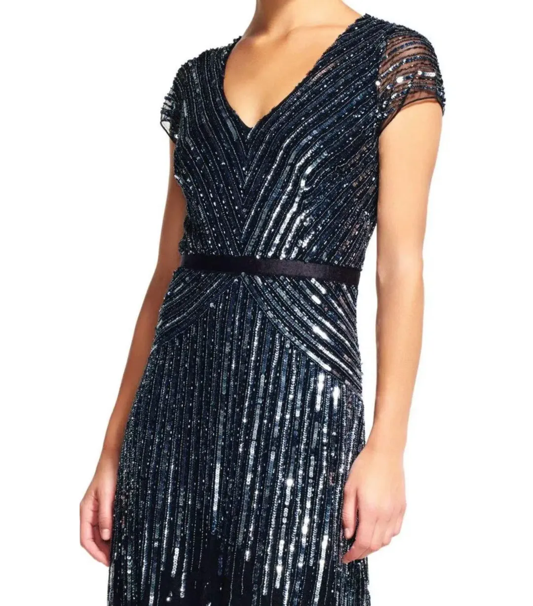 Adrianna Papell Sequinned V-Neck Cap Sleeve Gown Gunmetal Size AU 12 for rent on The Volte - main image