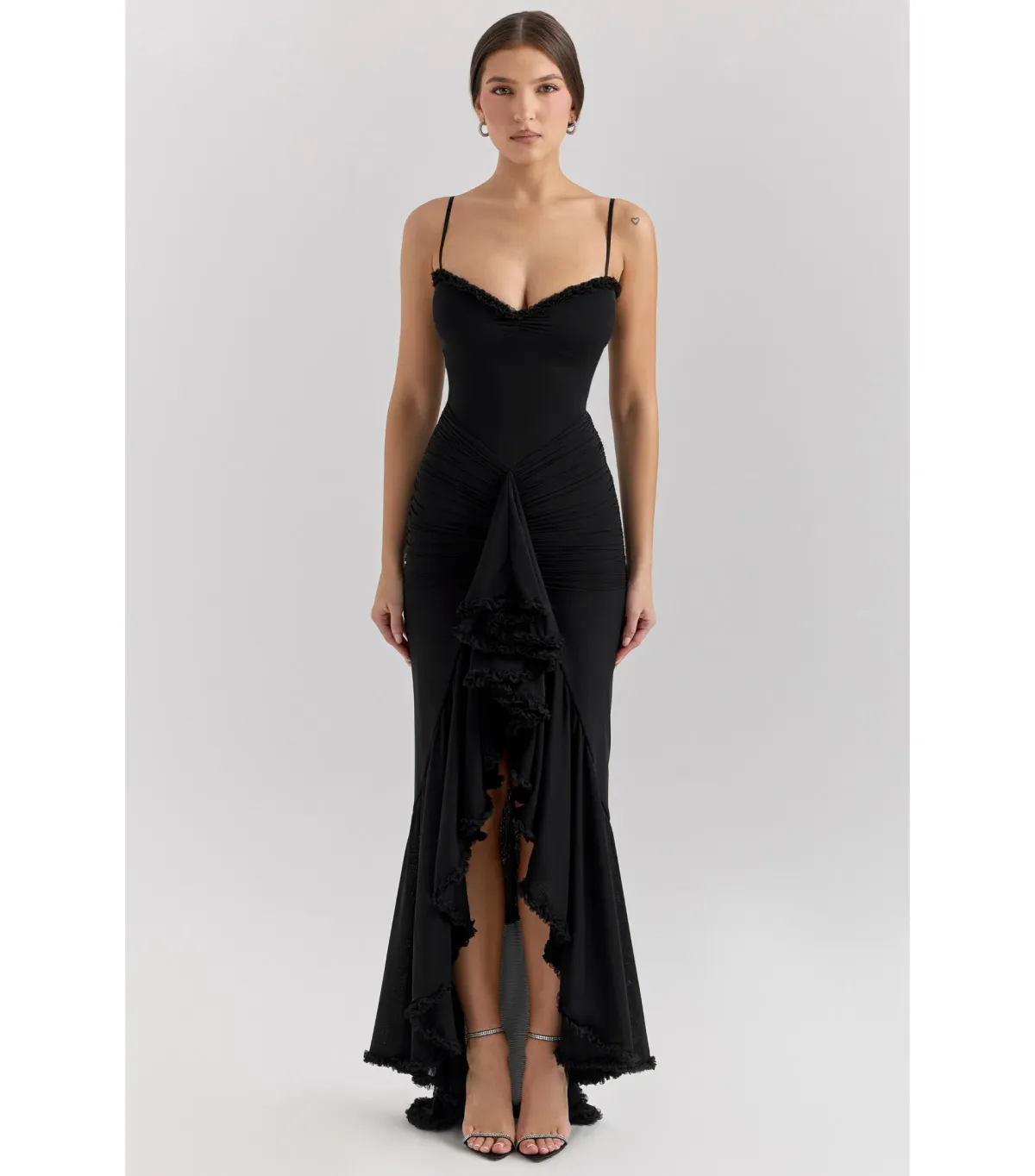 House of CB Gabbi Mesh Ruffled Front Gown Black Size XS / AU 6 - Image 1