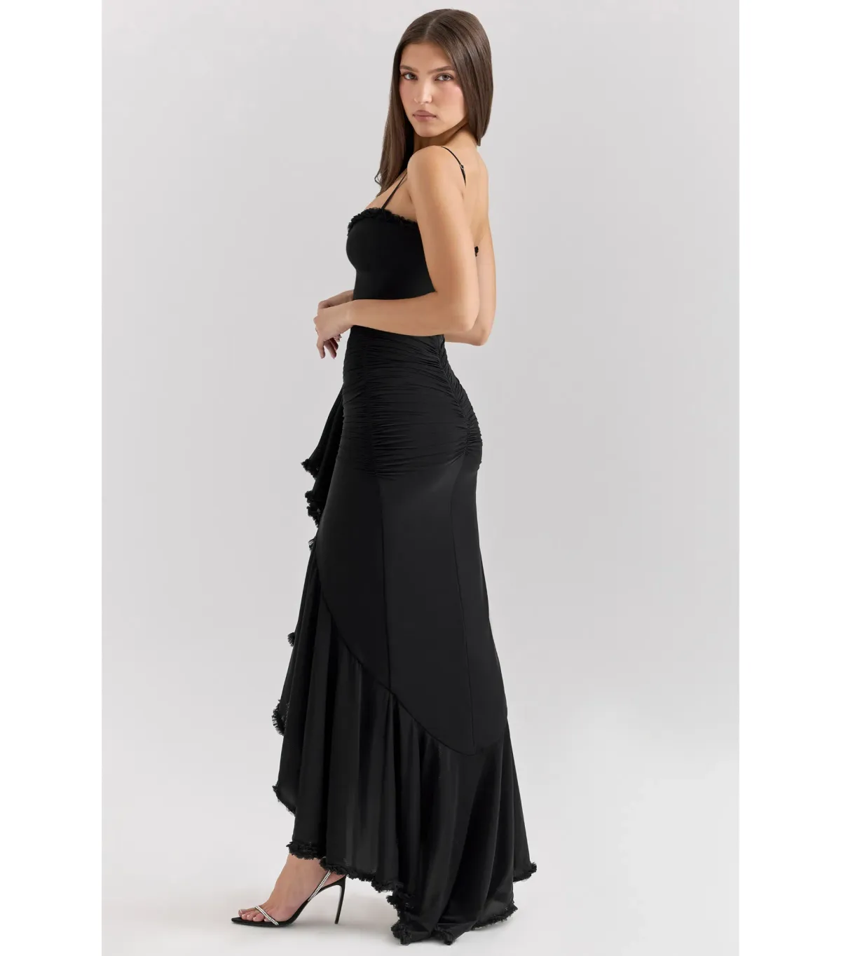 House of CB Gabbi Mesh Ruffled Front Gown Black Size XS / AU 6 - Image 4