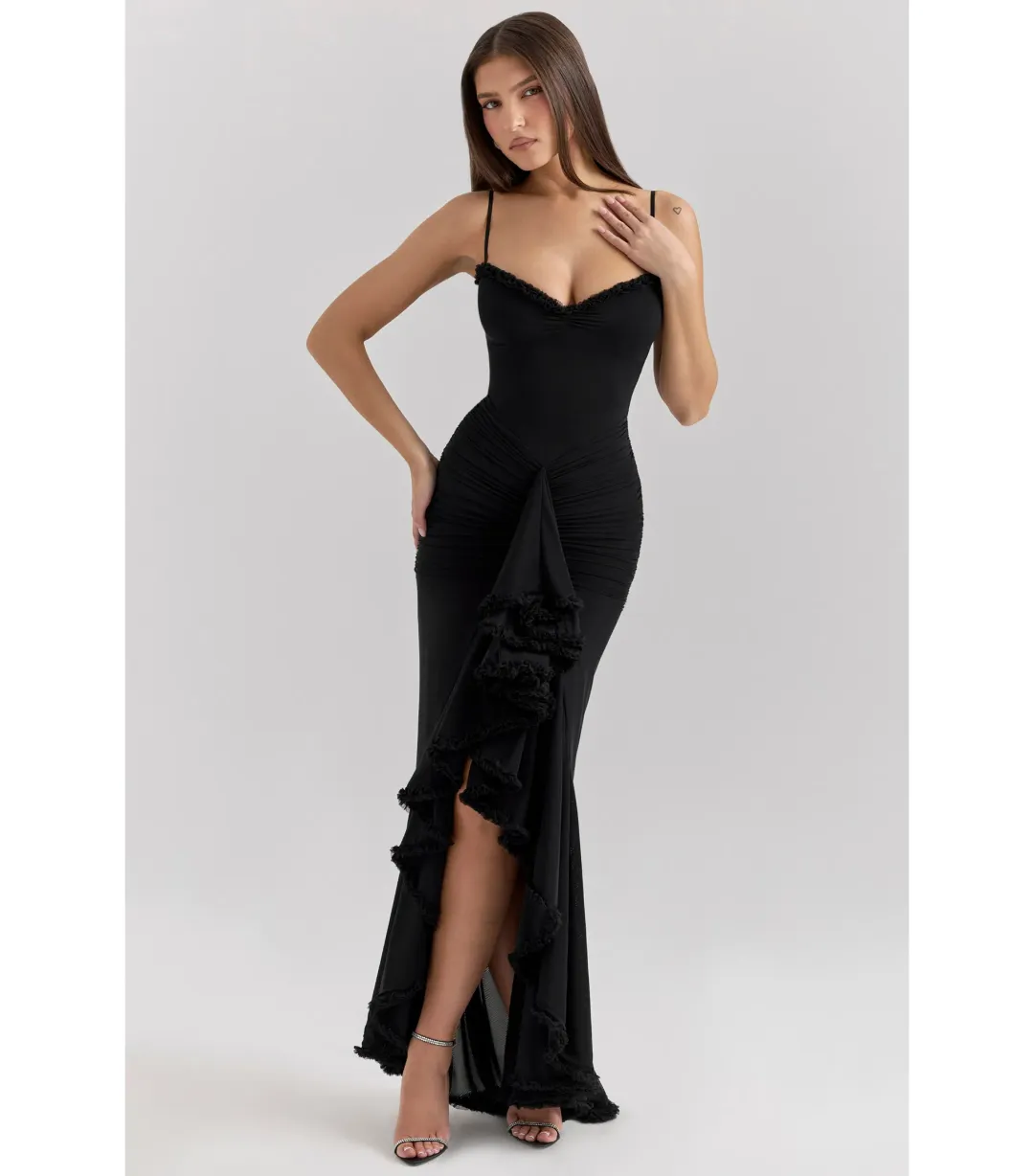 House of CB Gabbi Mesh Ruffled Front Gown Black Size XS / AU 6 for rent on The Volte - main image