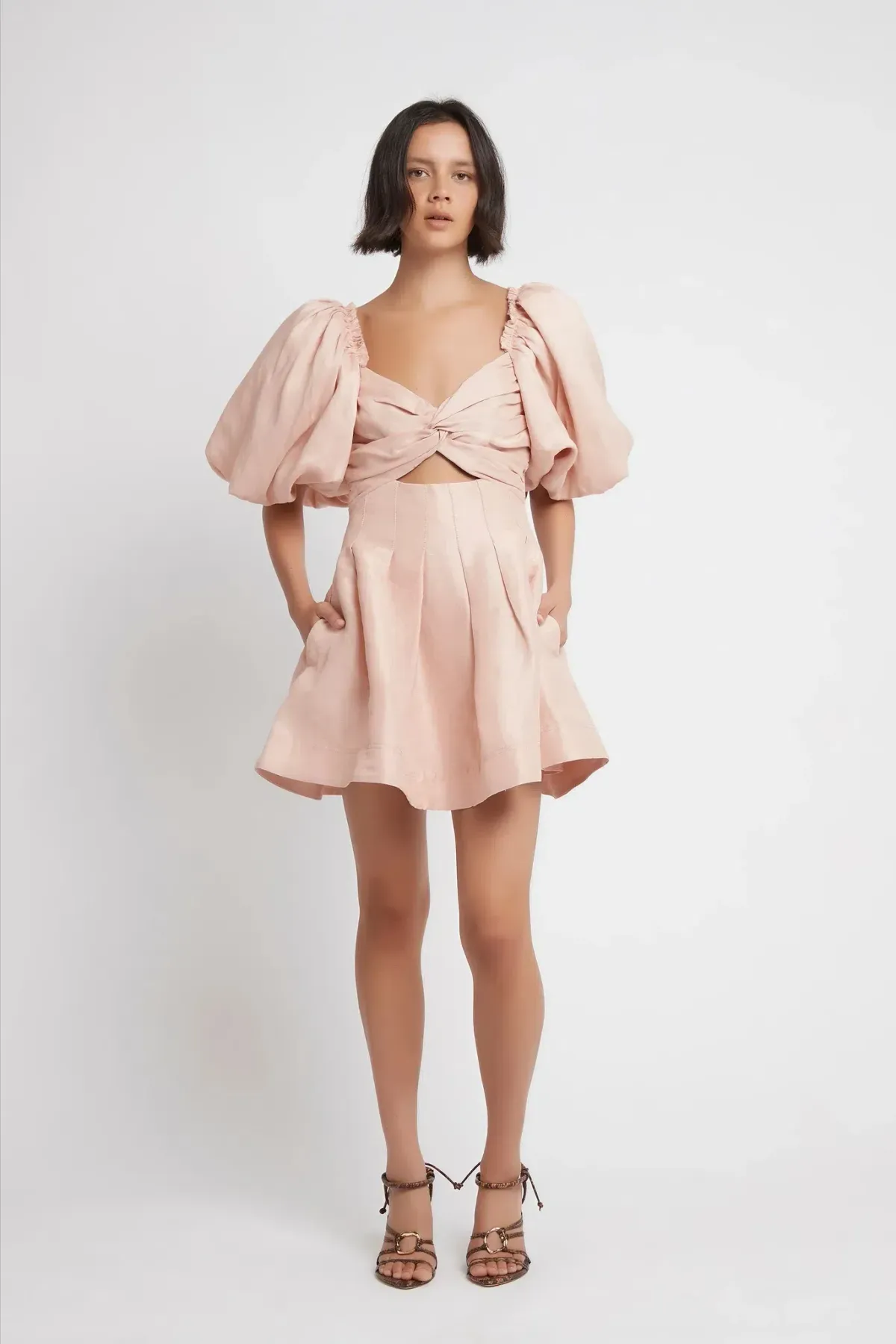 Aje Dusk Knot Puff Sleeve Mini Dress Blush Size 10 - Image 1
