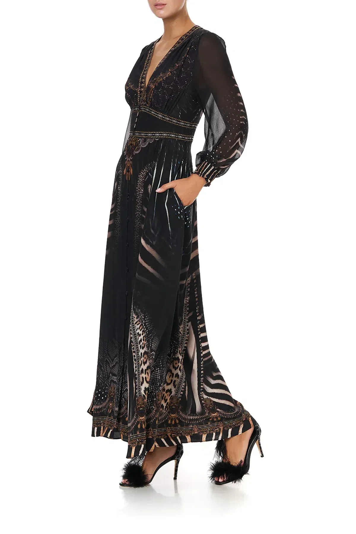 CAMILLA Silk Maxi Dress With Shaped Waistband Black Size S/Au 10 - Image 5