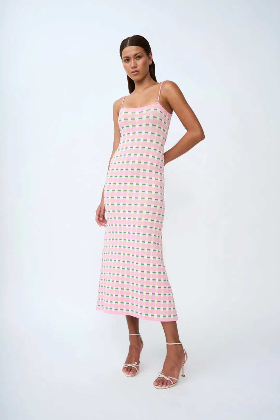 By Johnny Remy Checker Knit Midi Dress Pink Multi Size S / AU 8 for rent on The Volte - main image