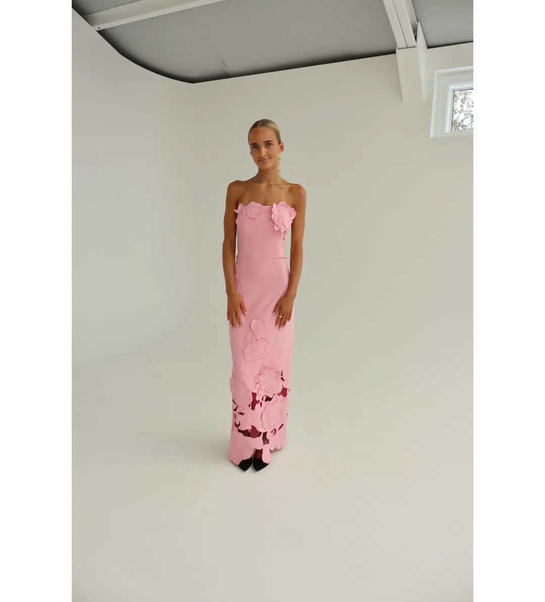 Leo Lin Rayna Appliqué Bustier Maxi Dress in Flamingo Size AU10 for rent on The Volte - main image