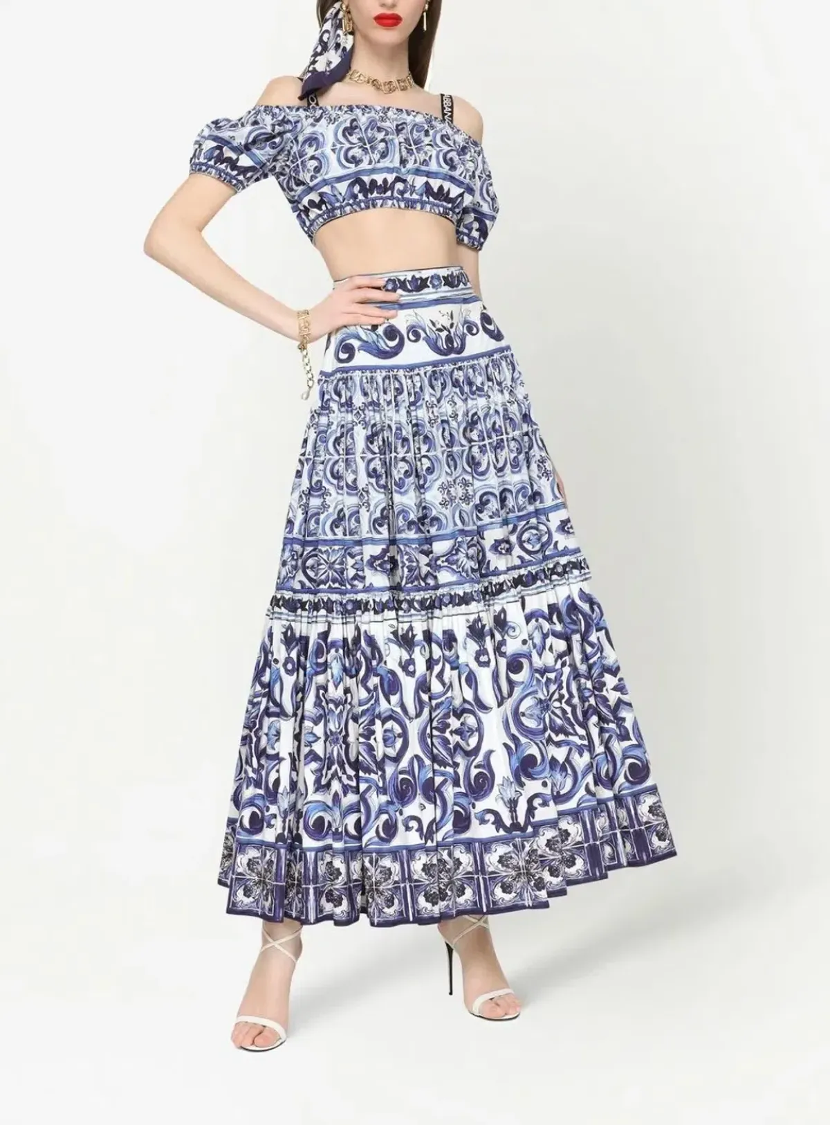 Dolce & Gabbana Majolica Top and Maxi Skirt Set Blue Size AU 8 - Image 1