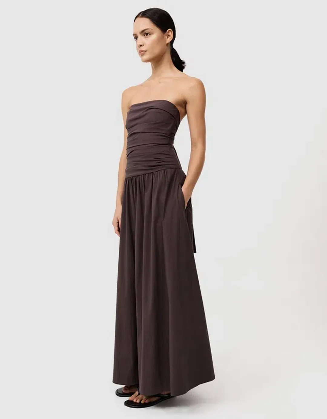 St Agni Gathered Strapless Tie Back Dress Brown Size 8 for rent on The Volte - main image