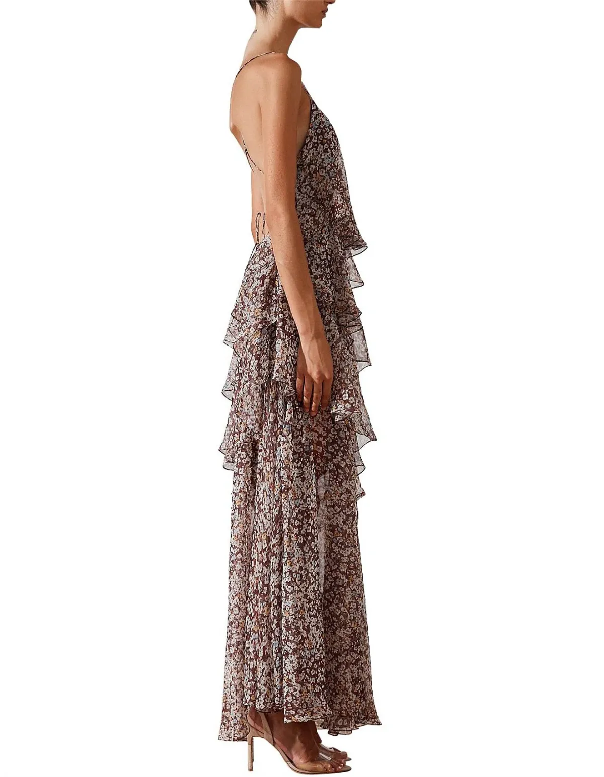 Shona Joy Garner Cross Back Tiered Maxi Dress Retro Ditsy Floral Print In Chocolate Size 6 - Image 3