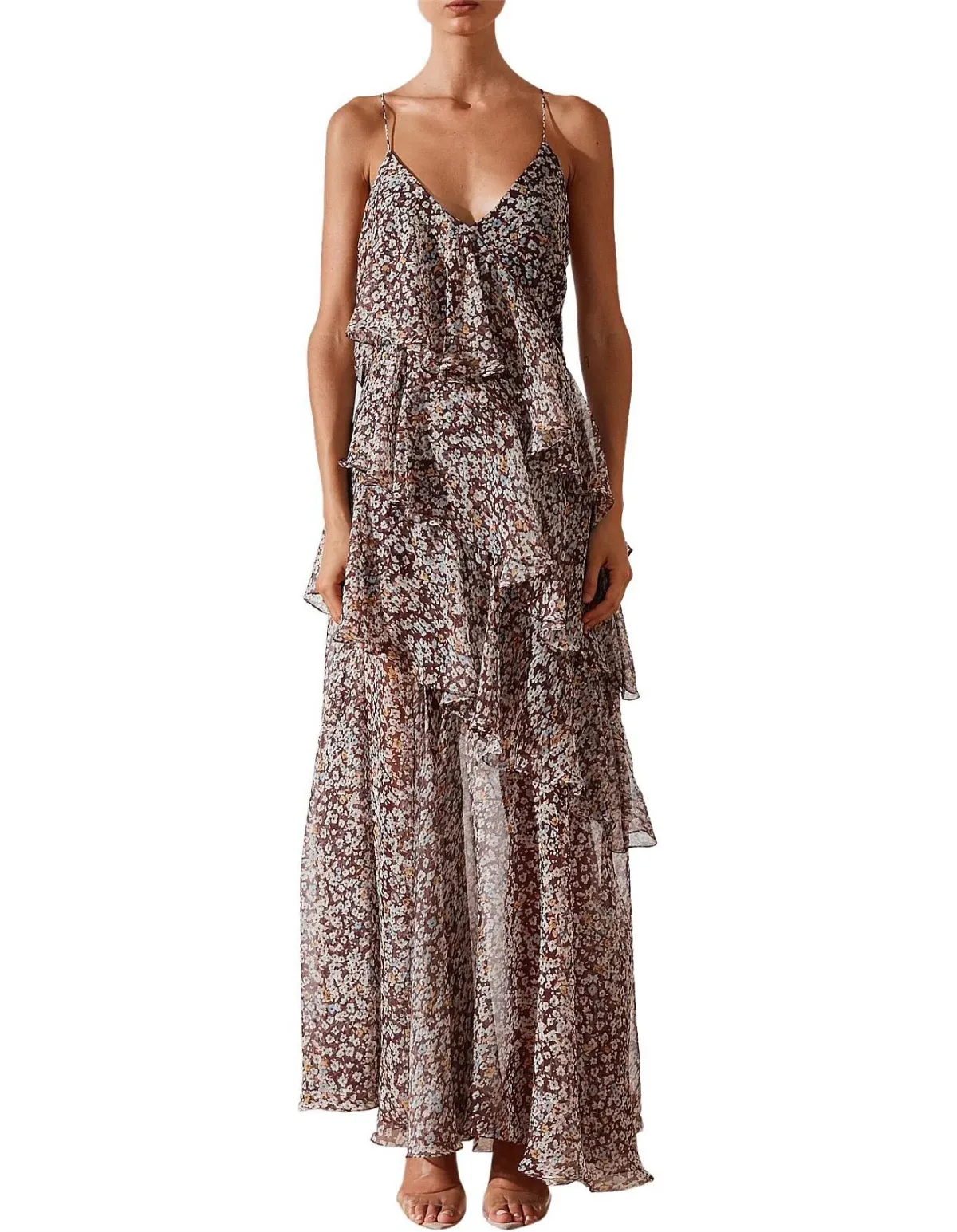 Shona Joy Garner Cross Back Tiered Maxi Dress Retro Ditsy Floral Print In Chocolate Size 6 - Image 1