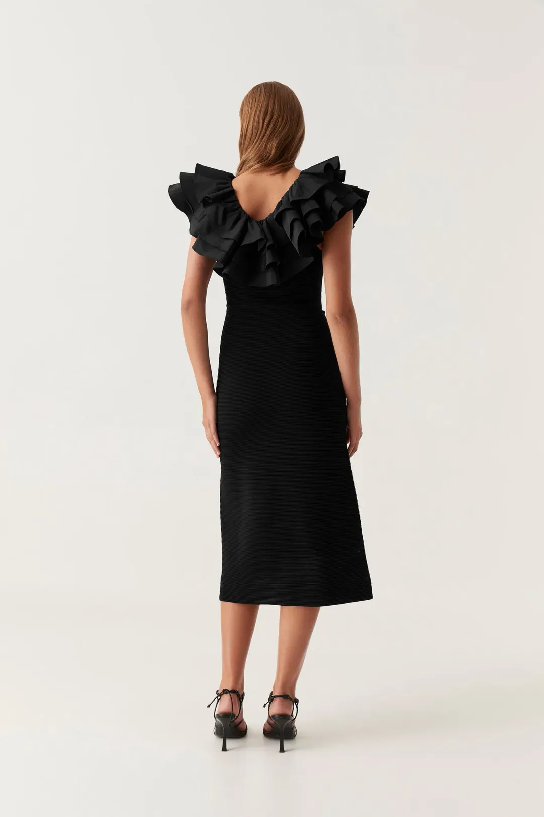Aje Transcendent Ruffle Midi Dress Black Size 10-12 Medium for rent on The Volte - main image
