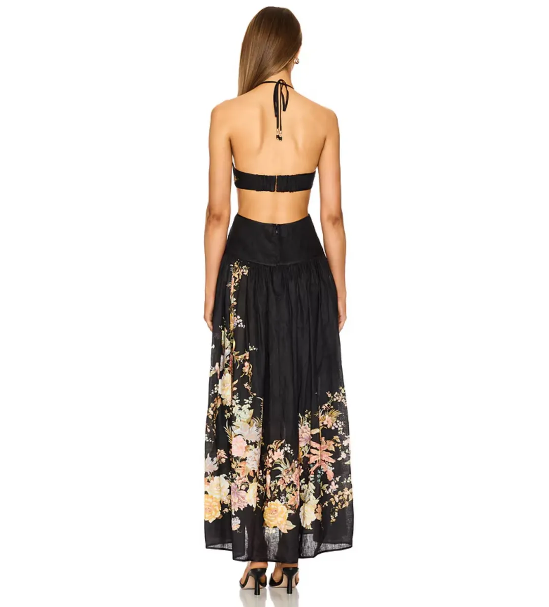 Zimmermann Tallow Halter Midi Dress Black Multi Floral Size 3 / 14 AU for rent on The Volte - main image