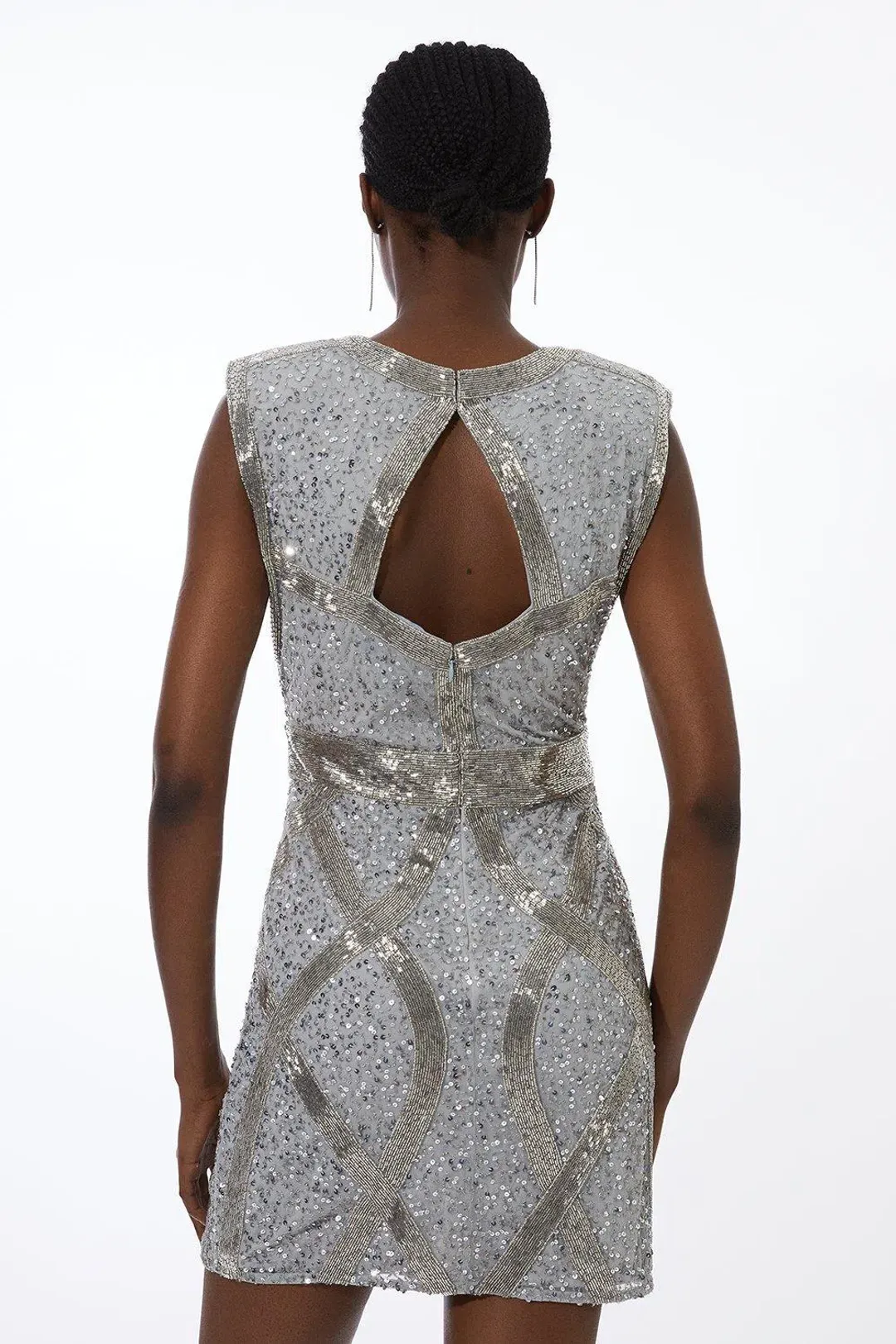 Karen Millen Embellished Strong Shoulder Woven Mini Dress Silver Size 16 for rent on The Volte - main image