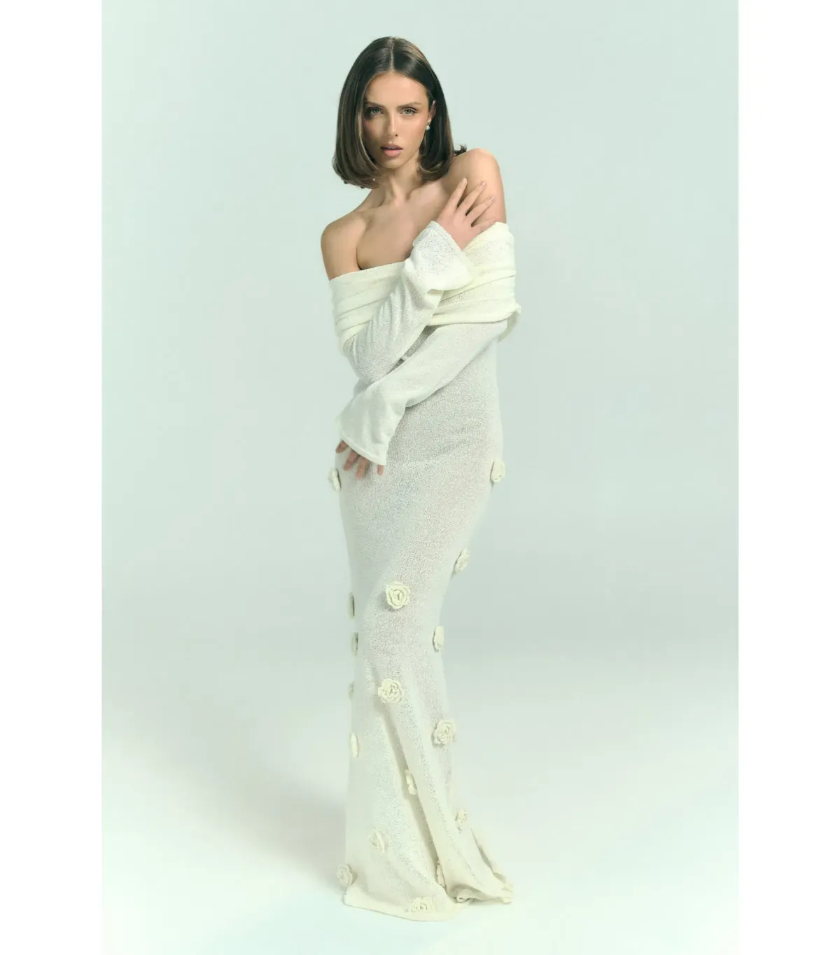 Meshki Kiki Off Shoulder Knit Rose Maxi Dress Ivory Size M / AU 10 - Image 4