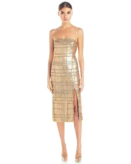 Misha Yvette Spaghetti Strap Thigh Split Midi Dress in Gold Sequin Size 10 for rent on The Volte - image 1