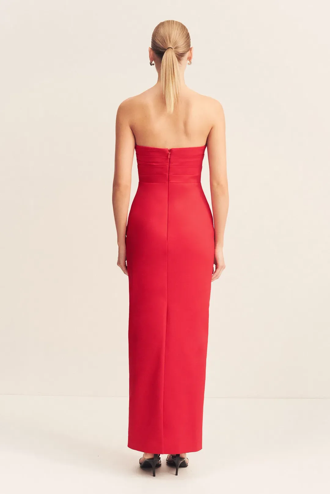 Shona Joy Lani Strapless Draped Maxi Dress Chilli Size 8 for rent on The Volte - main image