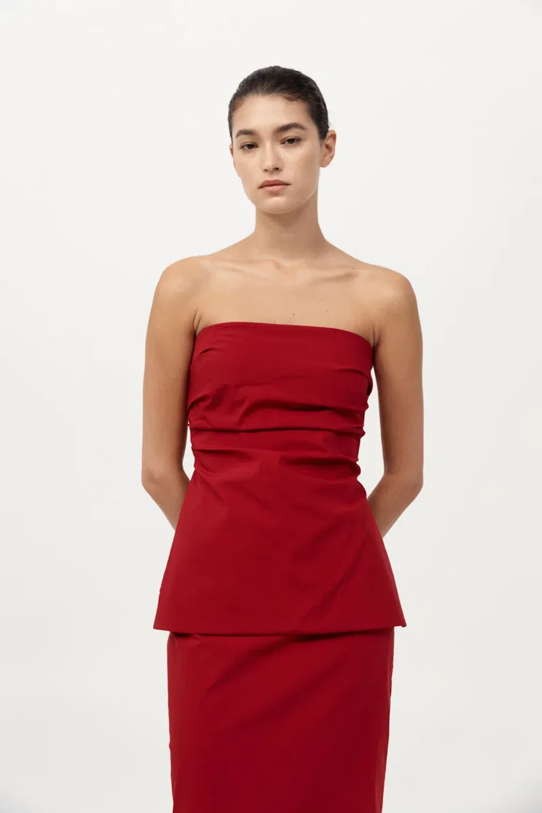 St Agni Strapless Tie Back Top and Minimal Column Skirt Set Rosso Red Size 8 for rent on The Volte - main image