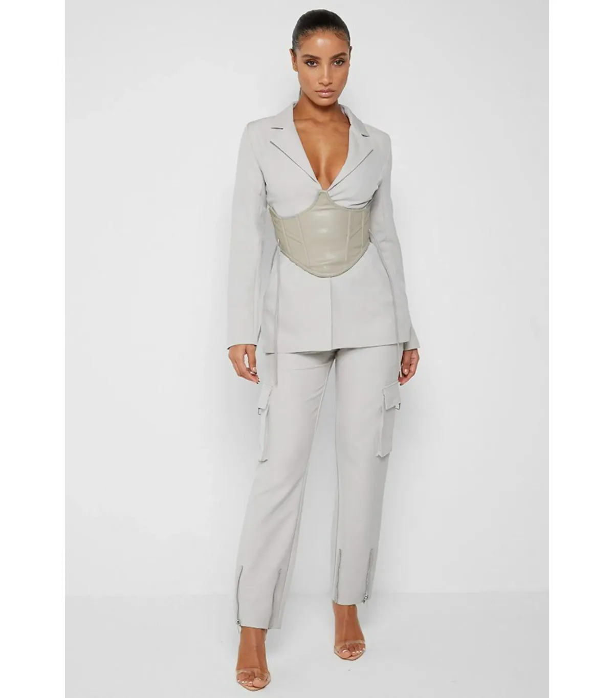 Maniere De Voir Blazer with Vegan Leather Corset Silver Size XS / AU 6 for rent on The Volte - main image