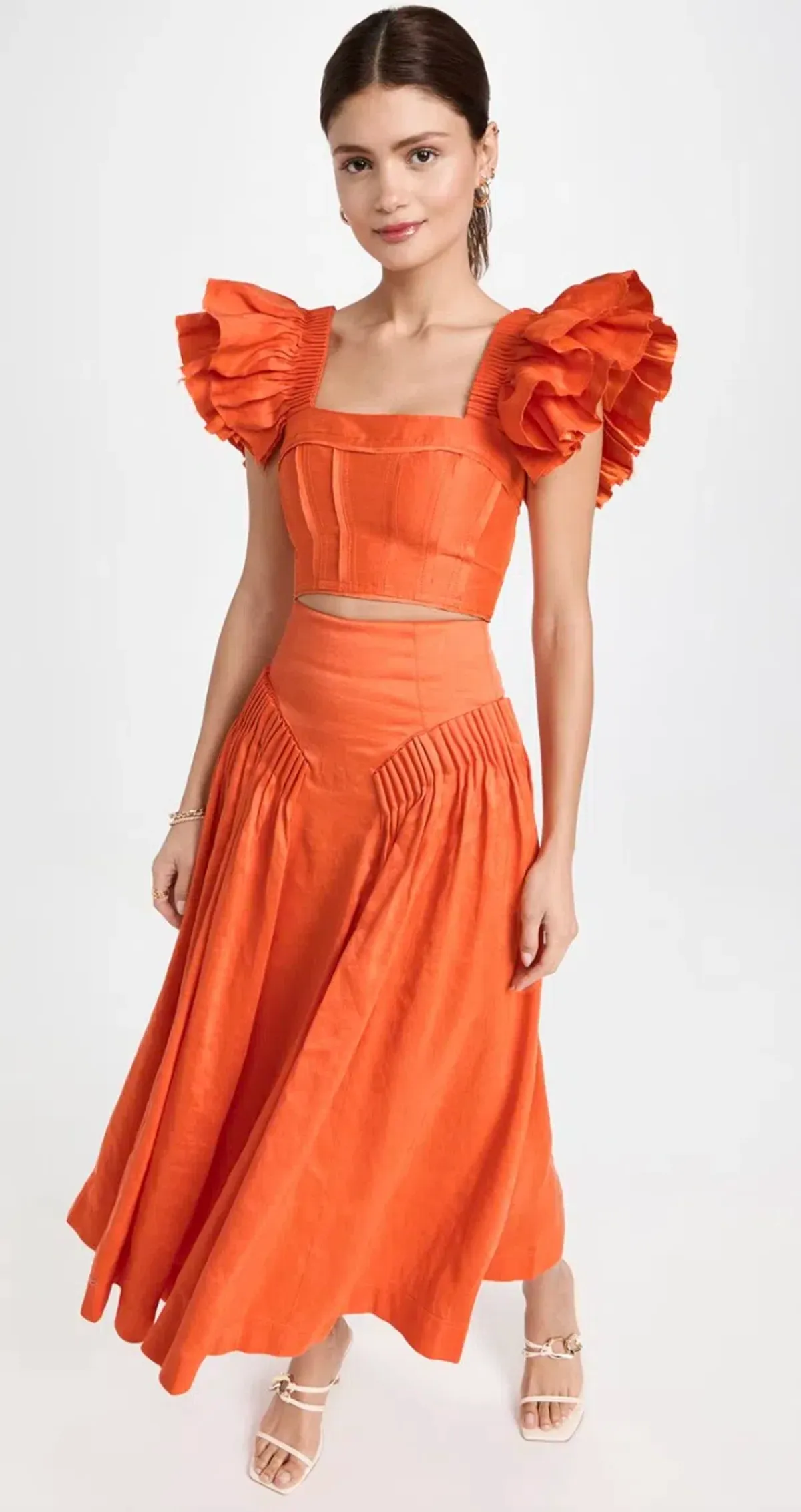Aje Imagination Frill Sleeve Top Orange Size 14 & Yves Midi Skirt Size 12 - Image 2