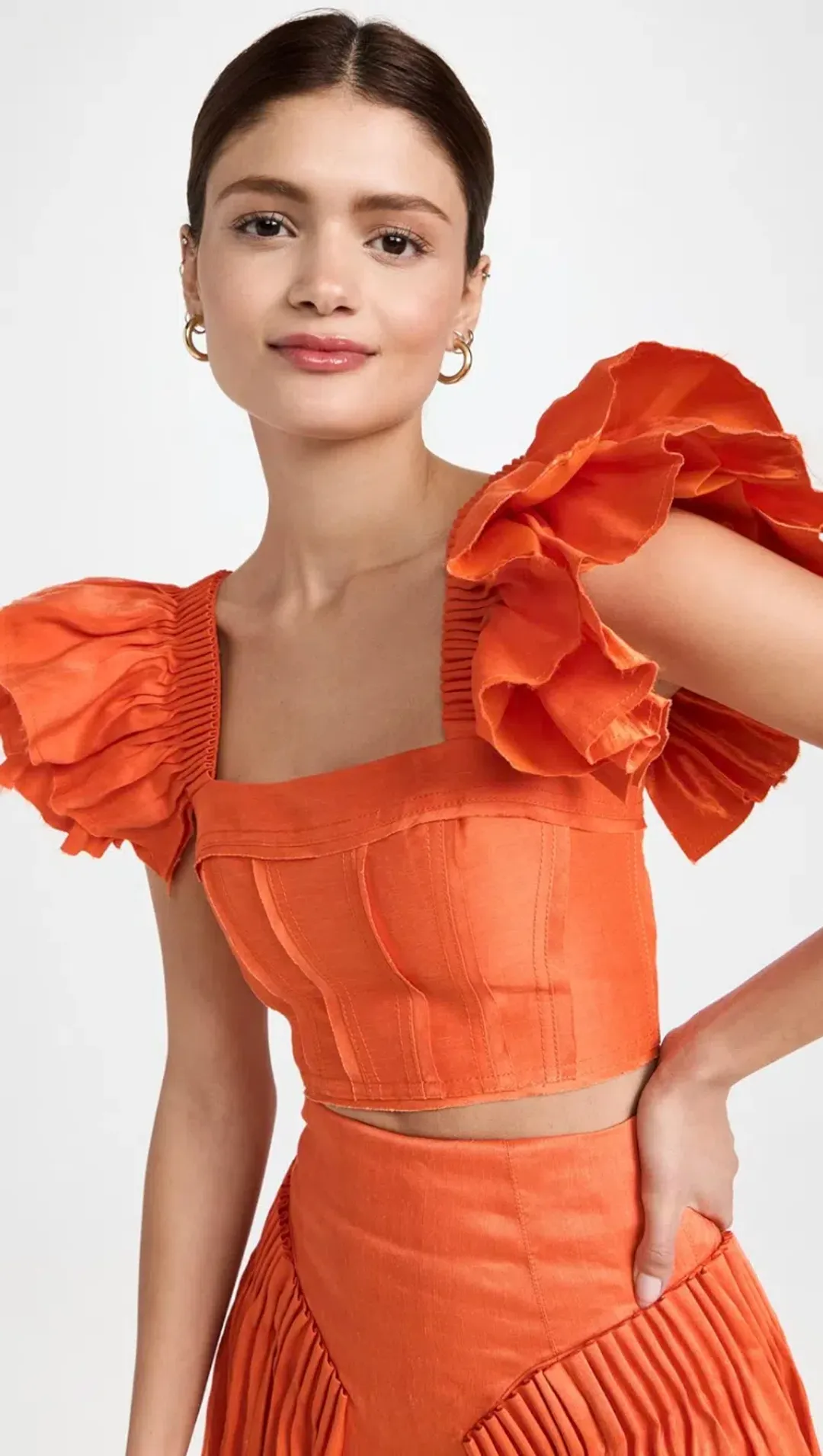 Aje Imagination Frill Sleeve Top Orange Size 14 & Yves Midi Skirt Size 12 for rent on The Volte - main image