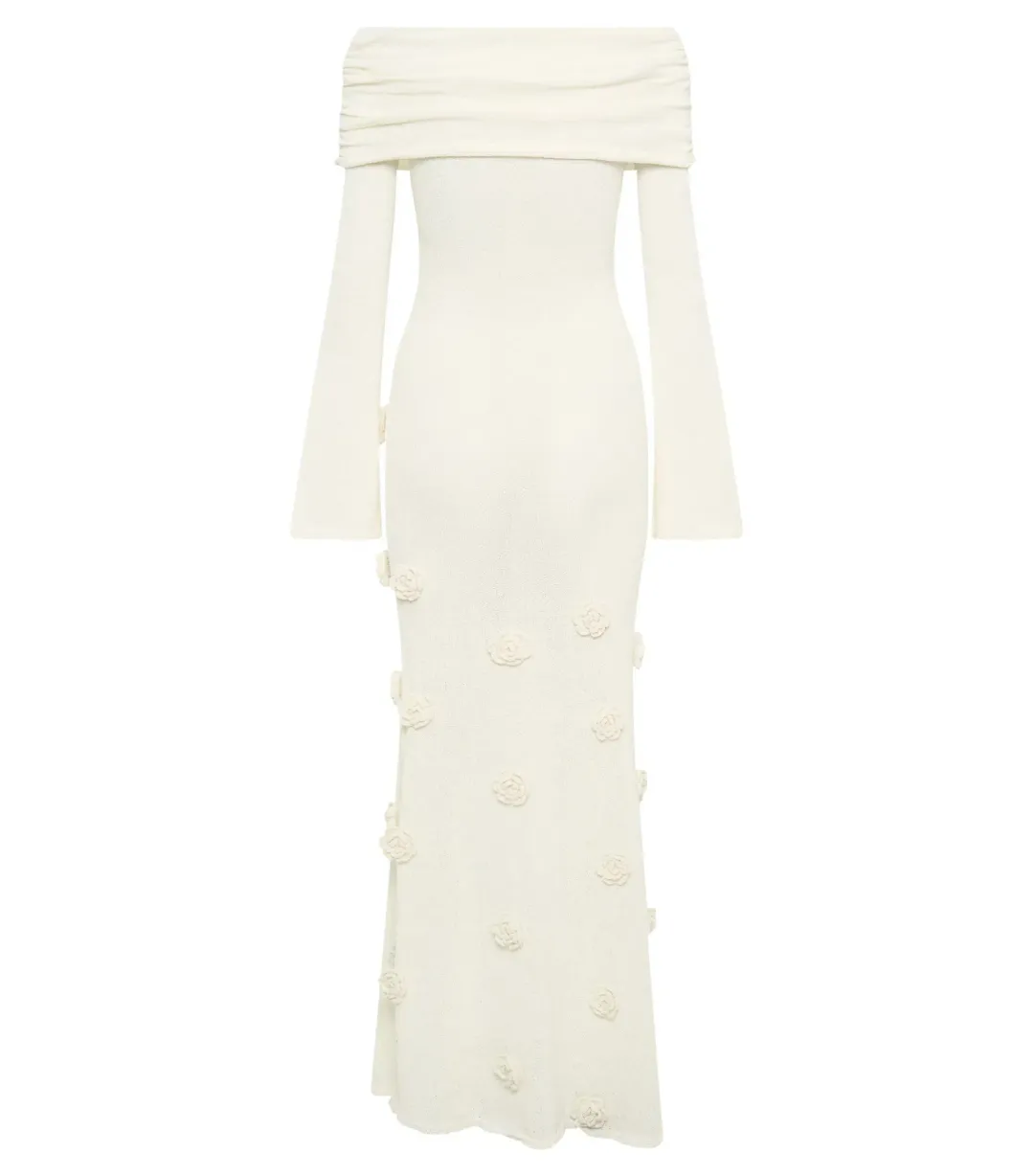 Meshki Kiki Off Shoulder Knit Rose Maxi Dress Ivory Size L / AU 12 for rent on The Volte - main image