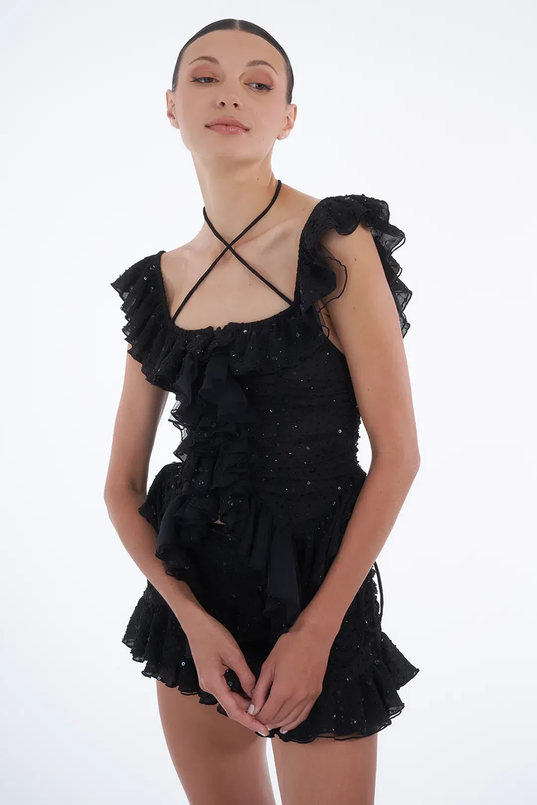 Dyspnea Froncè Ruched Top and Fleurie Frill Mini Skirt Set Black Size L / AU 12 for rent on The Volte - main image