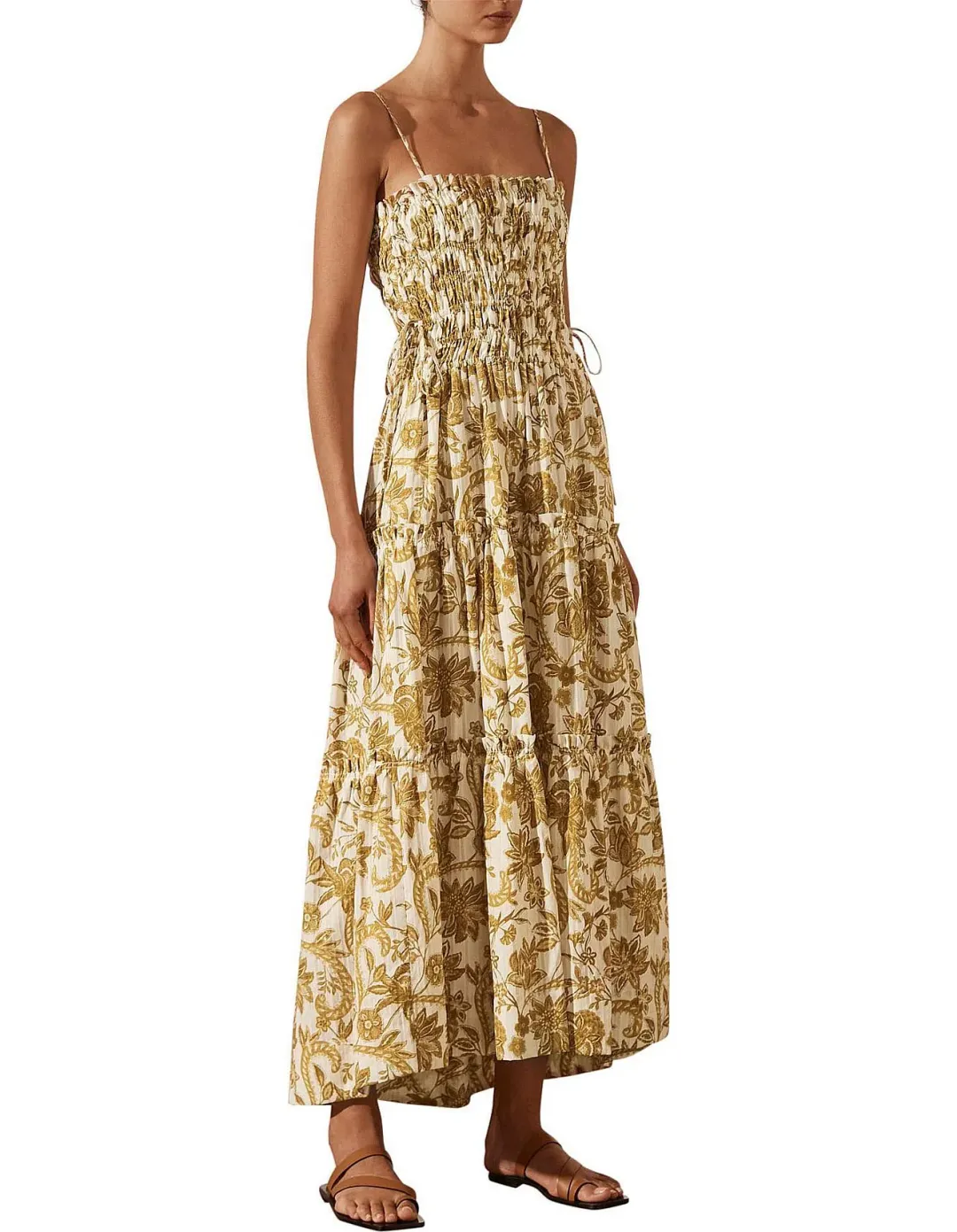 Shona Joy Saffron Shirred Tiered Midi Dress Floral Print Size AU 14 for rent on The Volte - main image