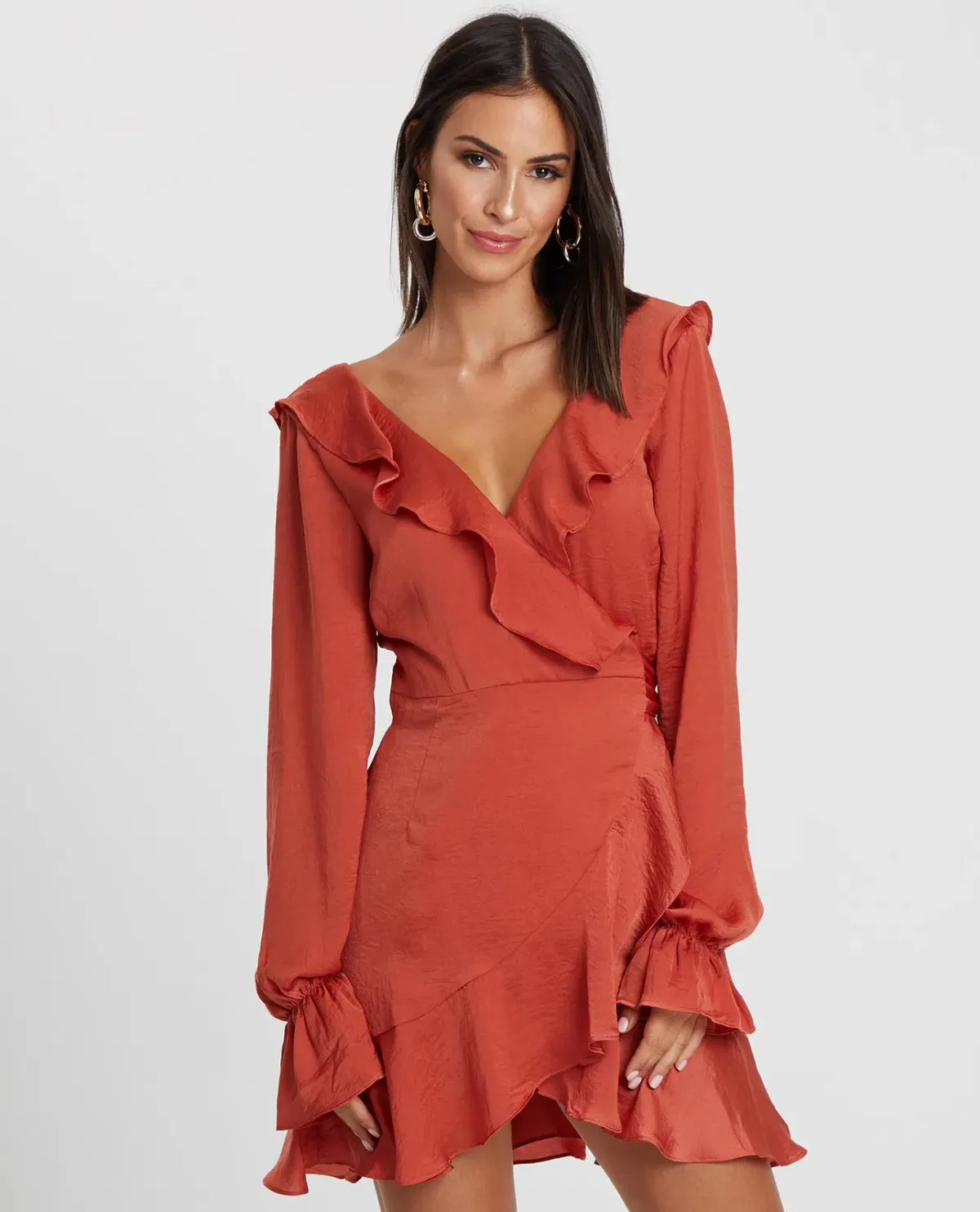 Tussah Burnt Orange Frill Wrap Mini Dress size 16 for rent on The Volte - main image