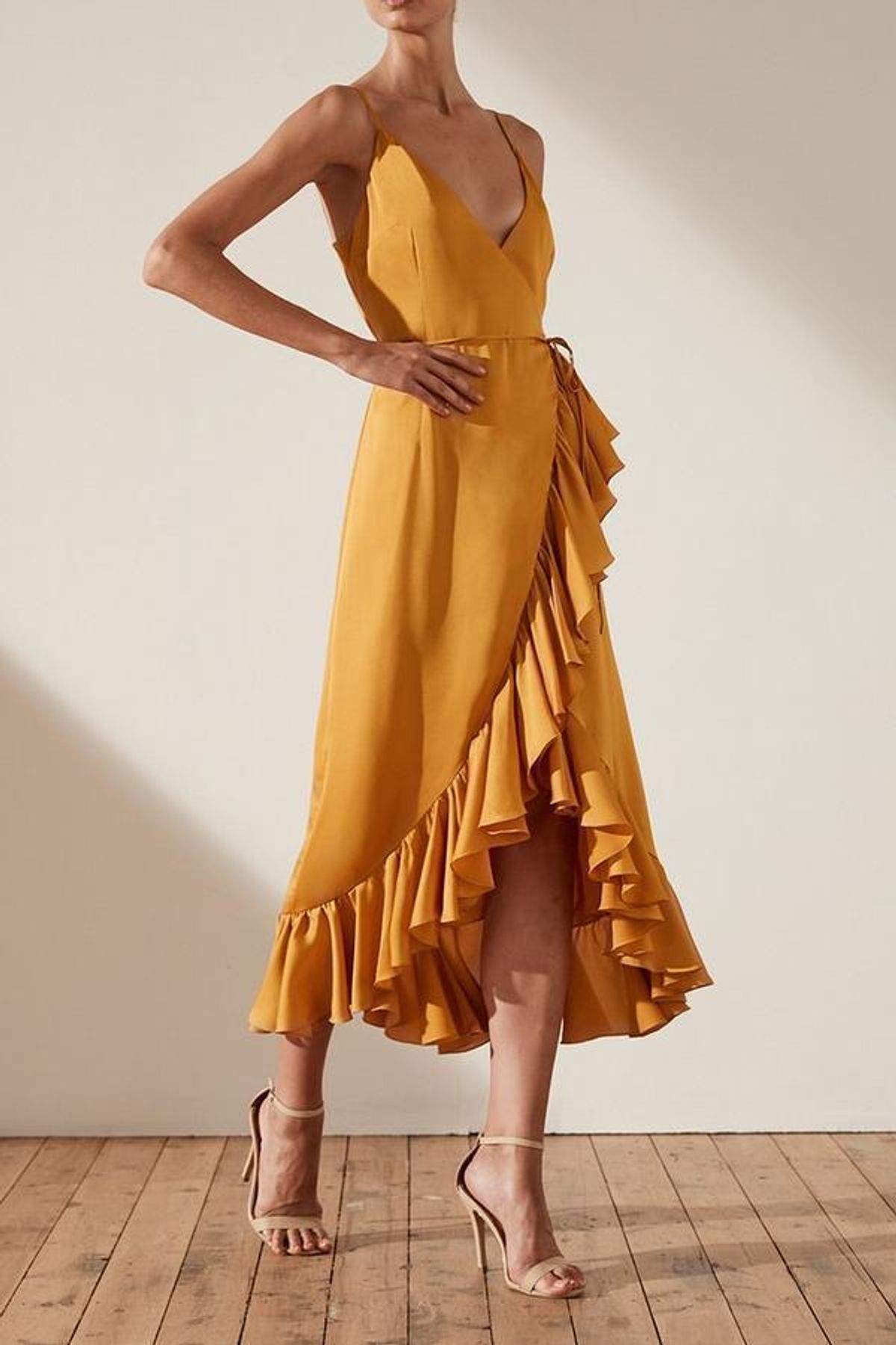 Shona Joy Oro Wrap Midi Dress Yellow Size 10 for rent on The Volte - main image
