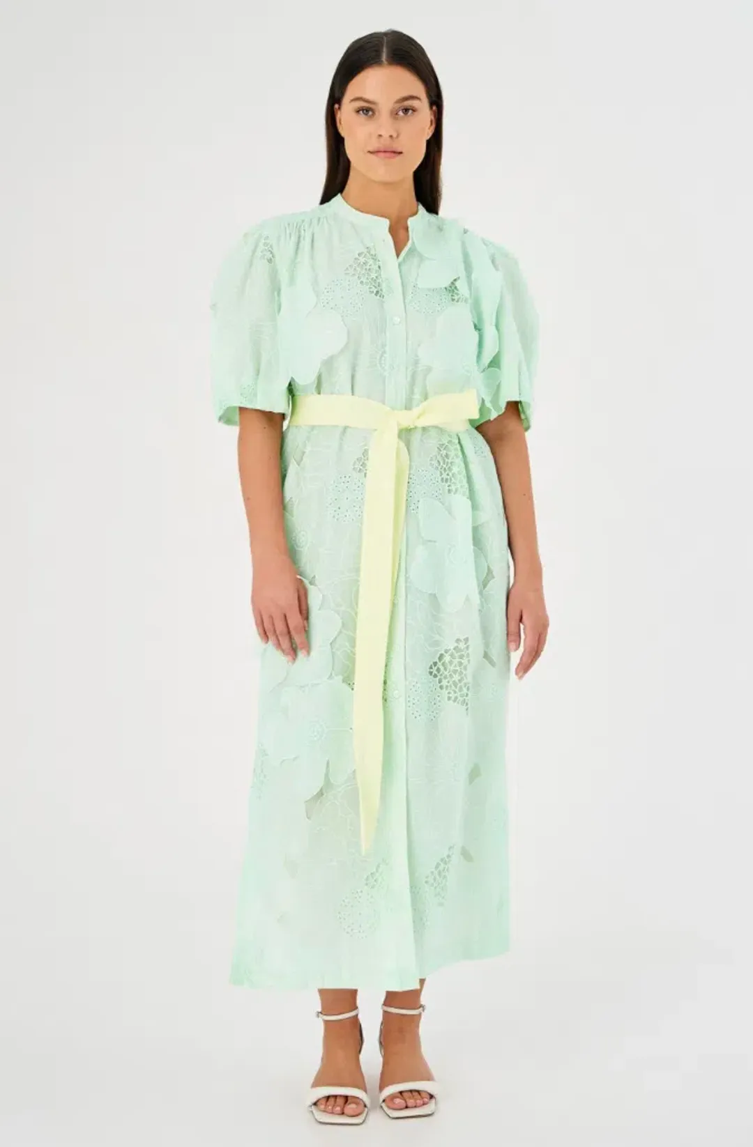 Oroton Lace Column Relaxed Midi Dress Sea Spray Green Size 10 fits 12 too for rent on The Volte - main image