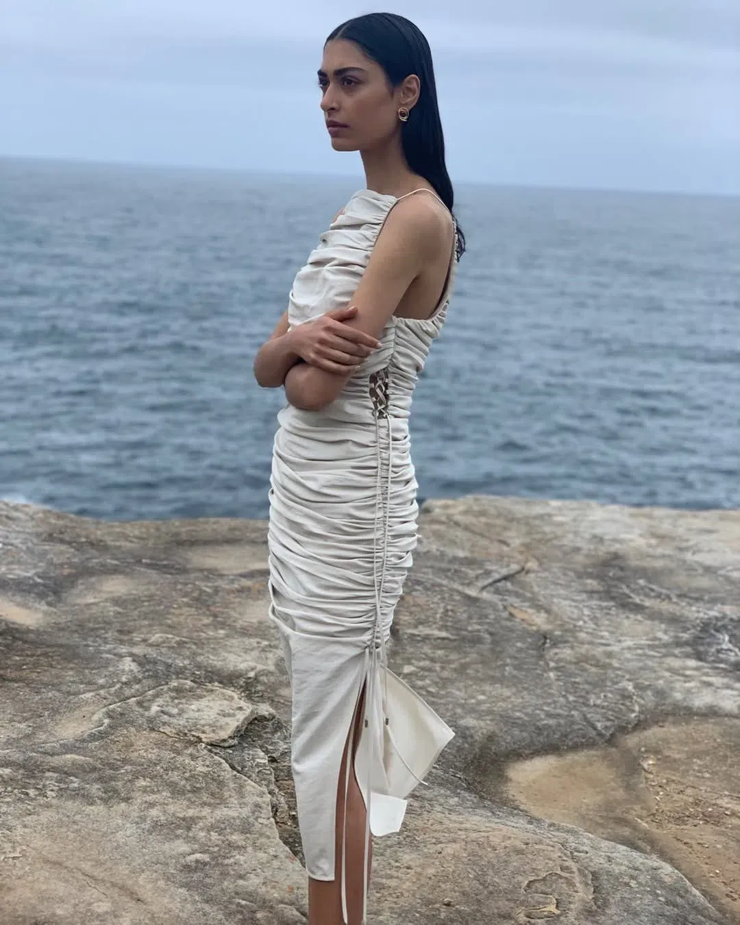 Rachel Gilbert Bailey Dress Shirred Midi Cream Size 6 for rent on The Volte - main image