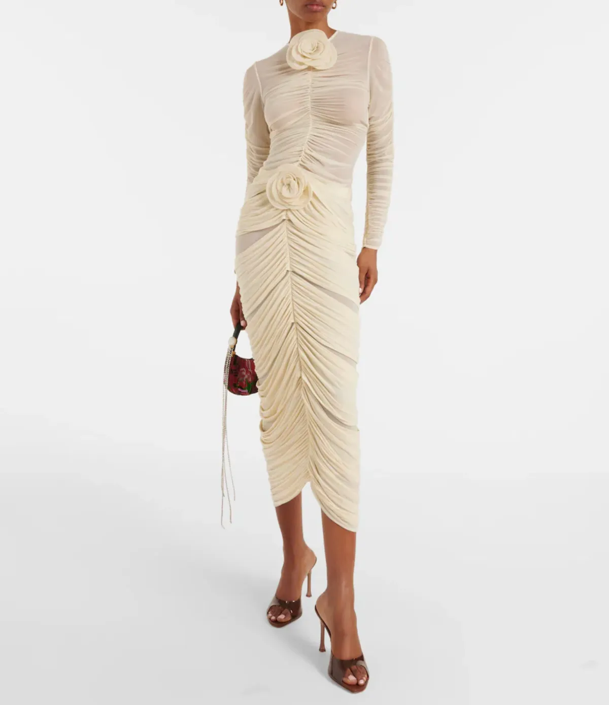 Magda Butrym Floral-Appliqué Ruched Midi Top and Skirt Set Cream Size 6 for rent on The Volte - main image
