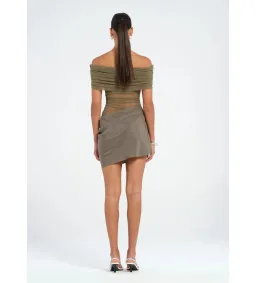 Benni Nico Off Shoulder Mini Dress in Khaki Size AU 8 for rent on The Volte - image 3