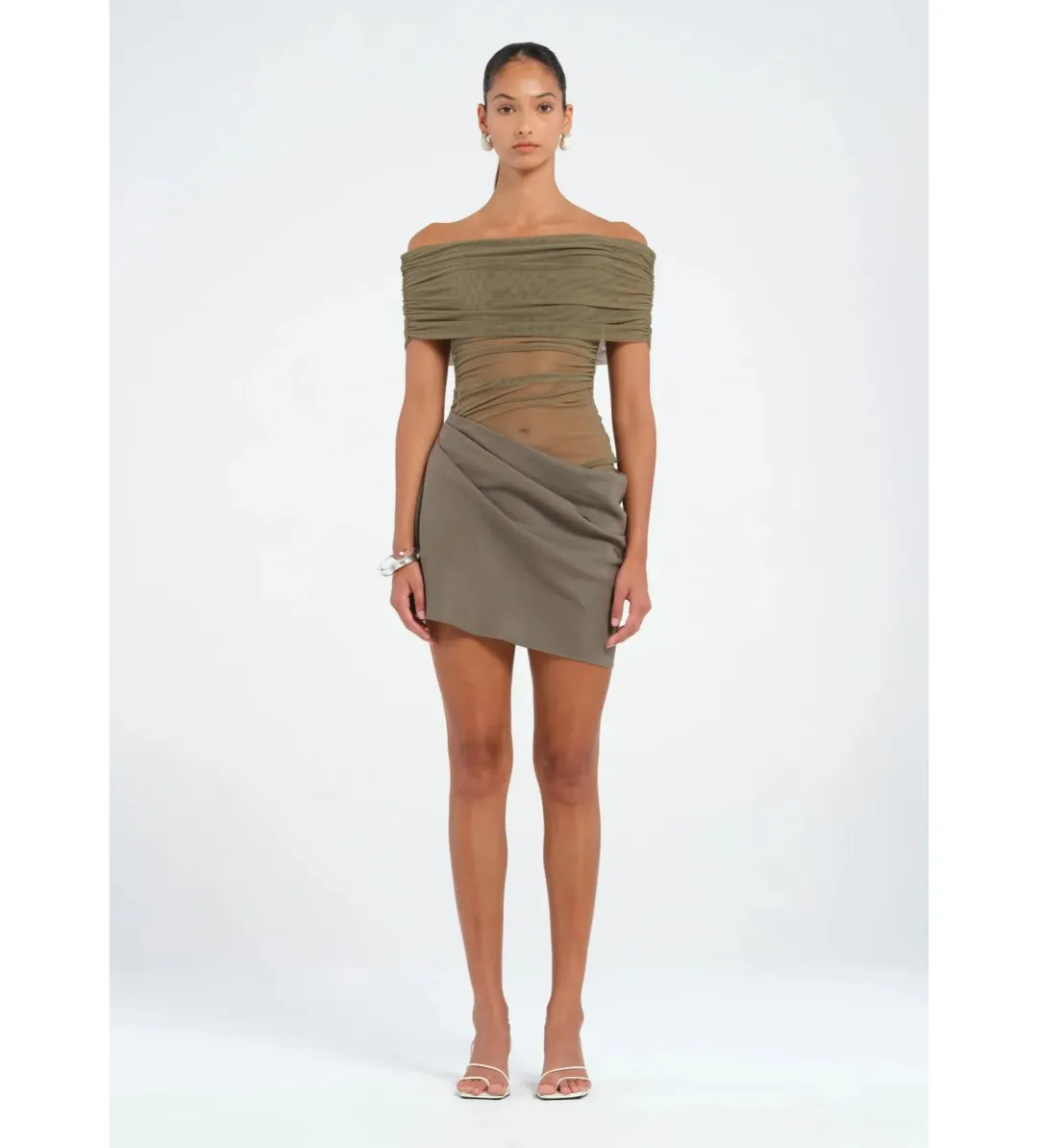 Benni Nico Off Shoulder Mini Dress in Khaki Size AU 8 for rent on The Volte - main image
