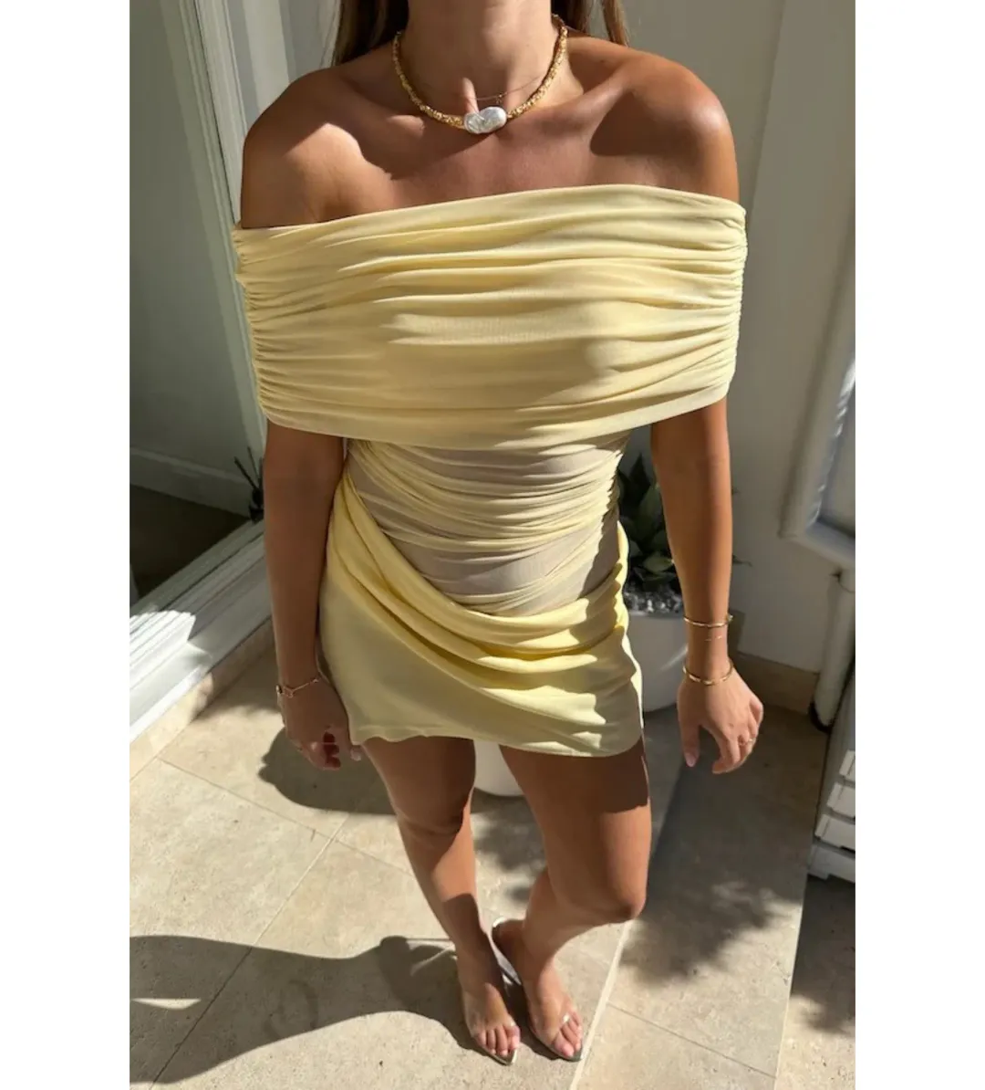 Benni Nico Off Shoulder Mini Dress Butter Size AU 6 for rent on The Volte - main image