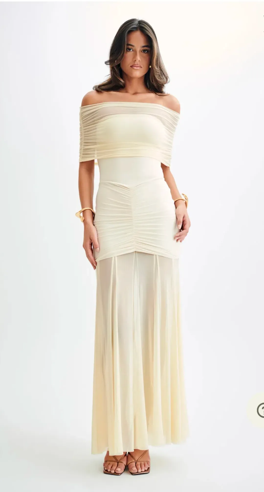 Meshki Caspian Slinky Mesh Off Shoulder Maxi Dress Ivory Size 6 for rent on The Volte - main image