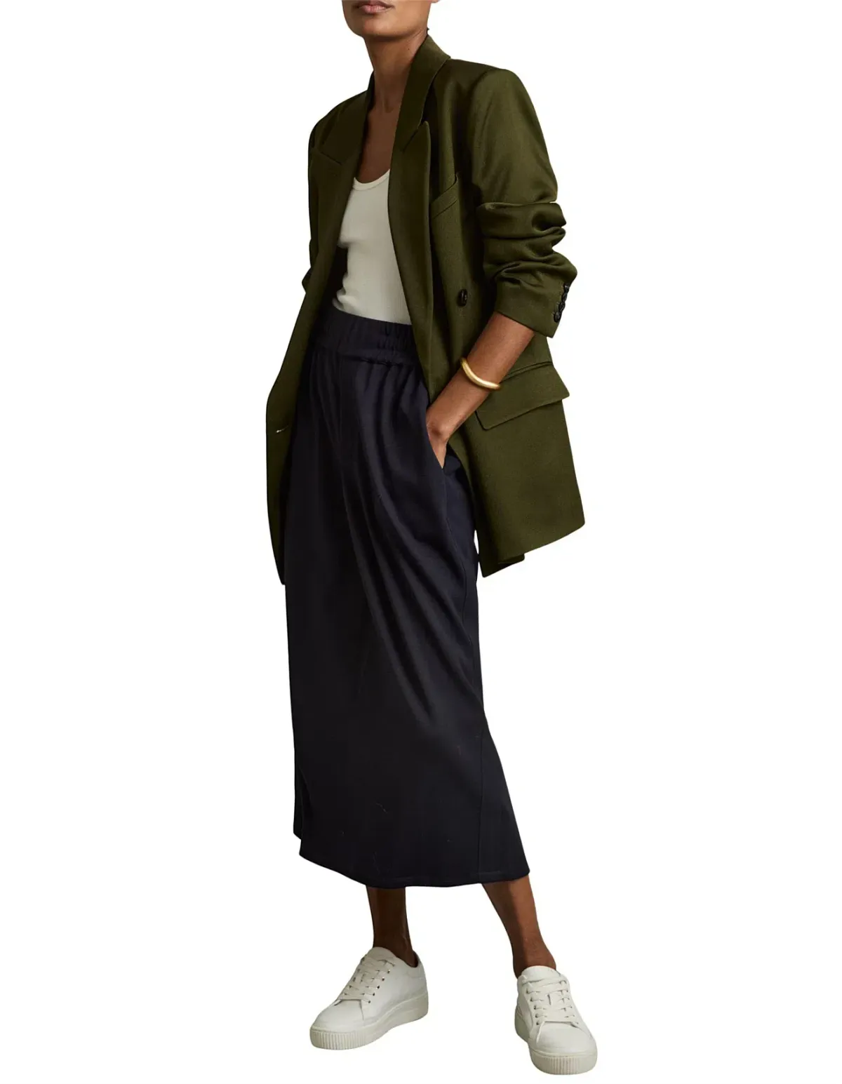 Reiss Nora Ruched Jersey Midi Skirt Navy Size AU 12 for rent on The Volte - main image