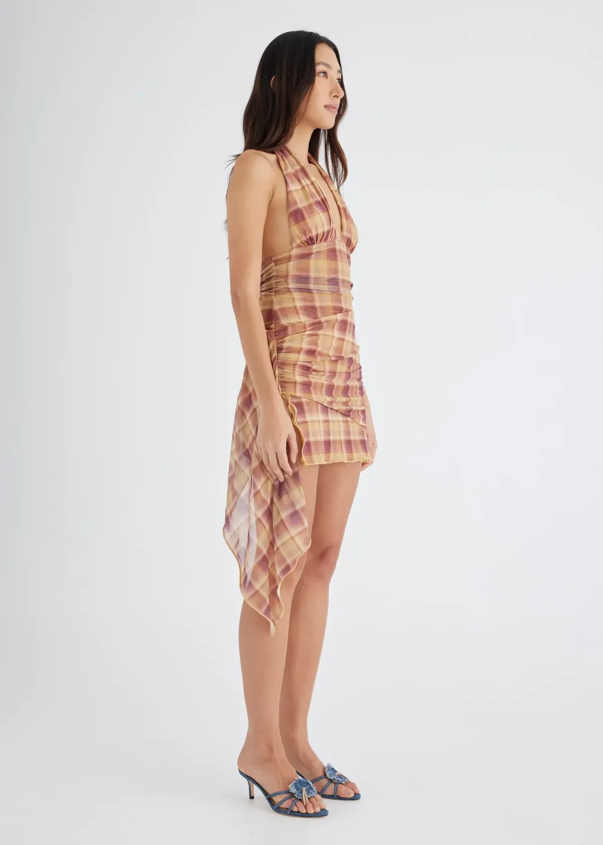 BENNI Penelope Halter Dress Toffee Check Size 8 - Image 2