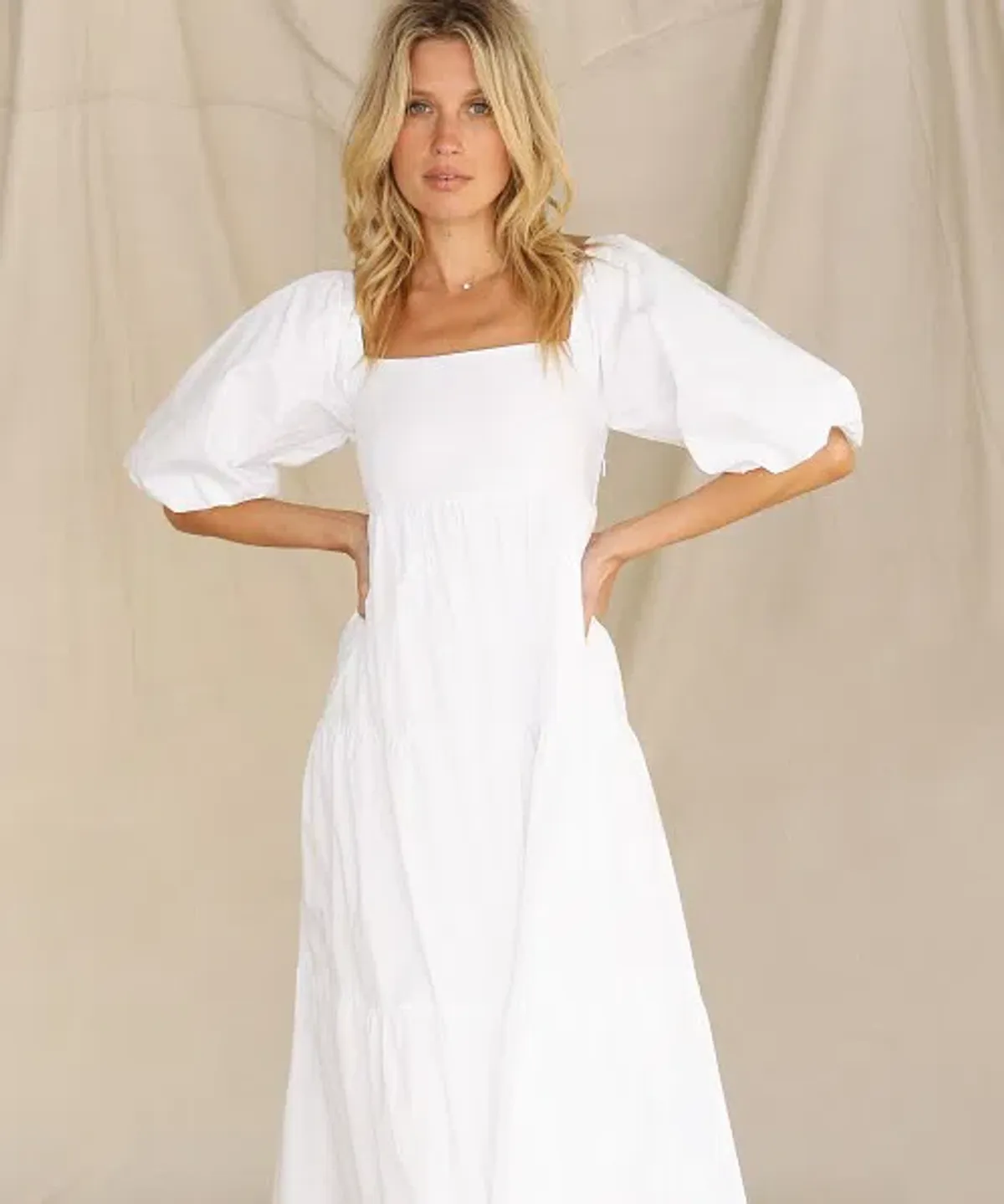 Faithfull The Brand Kiona Midi Tiered Dress White Size 8 for rent on The Volte - main image