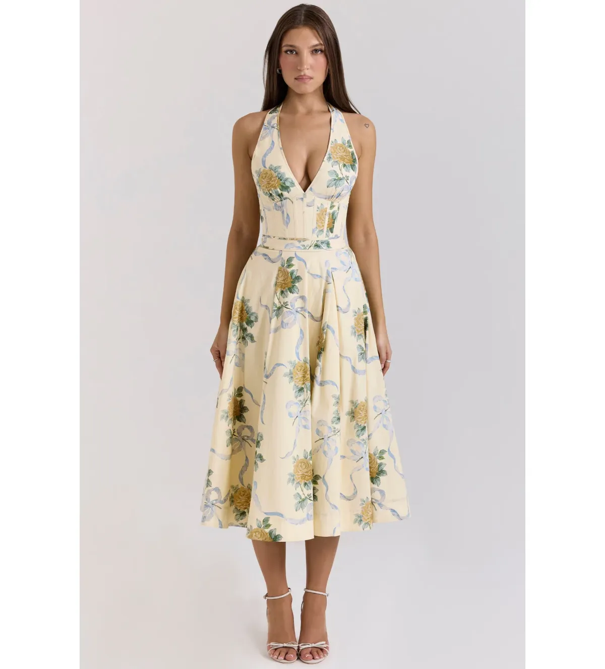 House of CB Allena Ribbon Stretch Cotton Halter Midi Sundress in Lemon Size AU 8 - Image 1