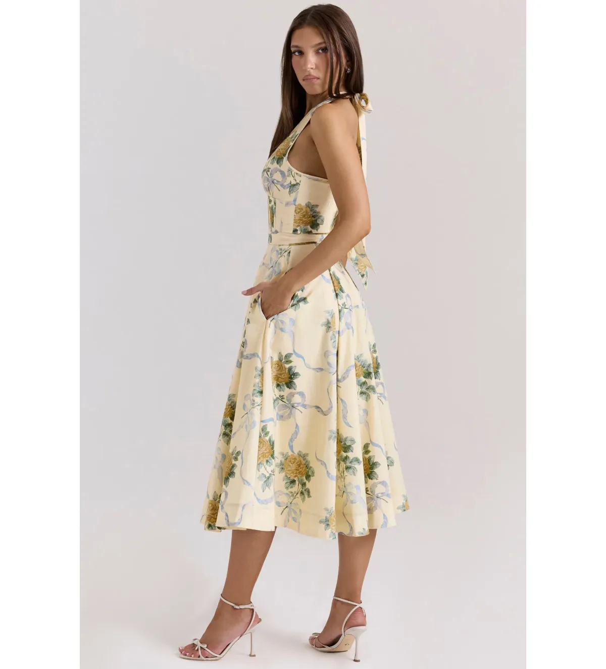 House of CB Allena Ribbon Stretch Cotton Halter Midi Sundress in Lemon Size AU 8 - Image 3